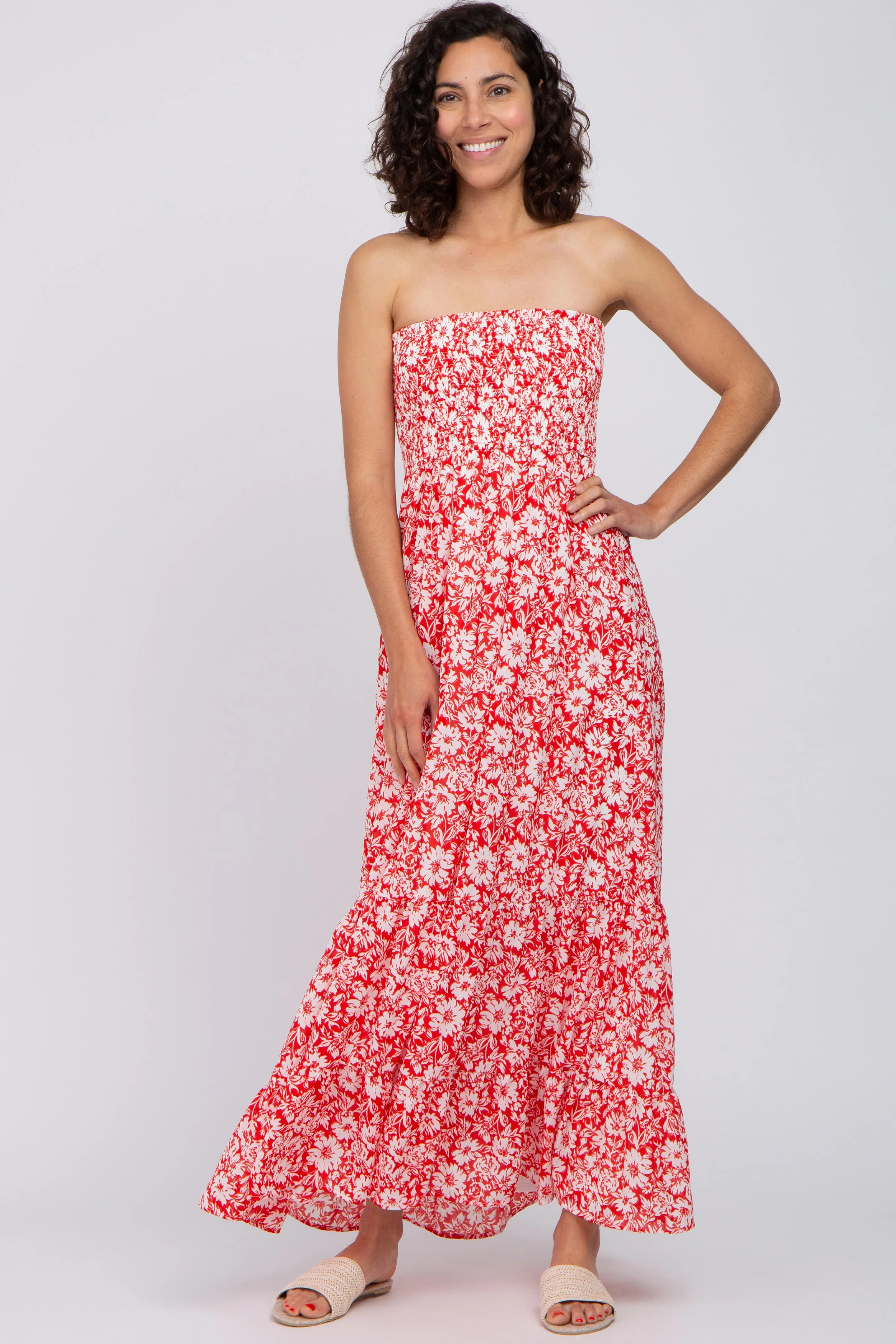 Red Floral Strapless Smocked Maternity Maxi Dress sold by Pinkblush product image thumbnail 4
