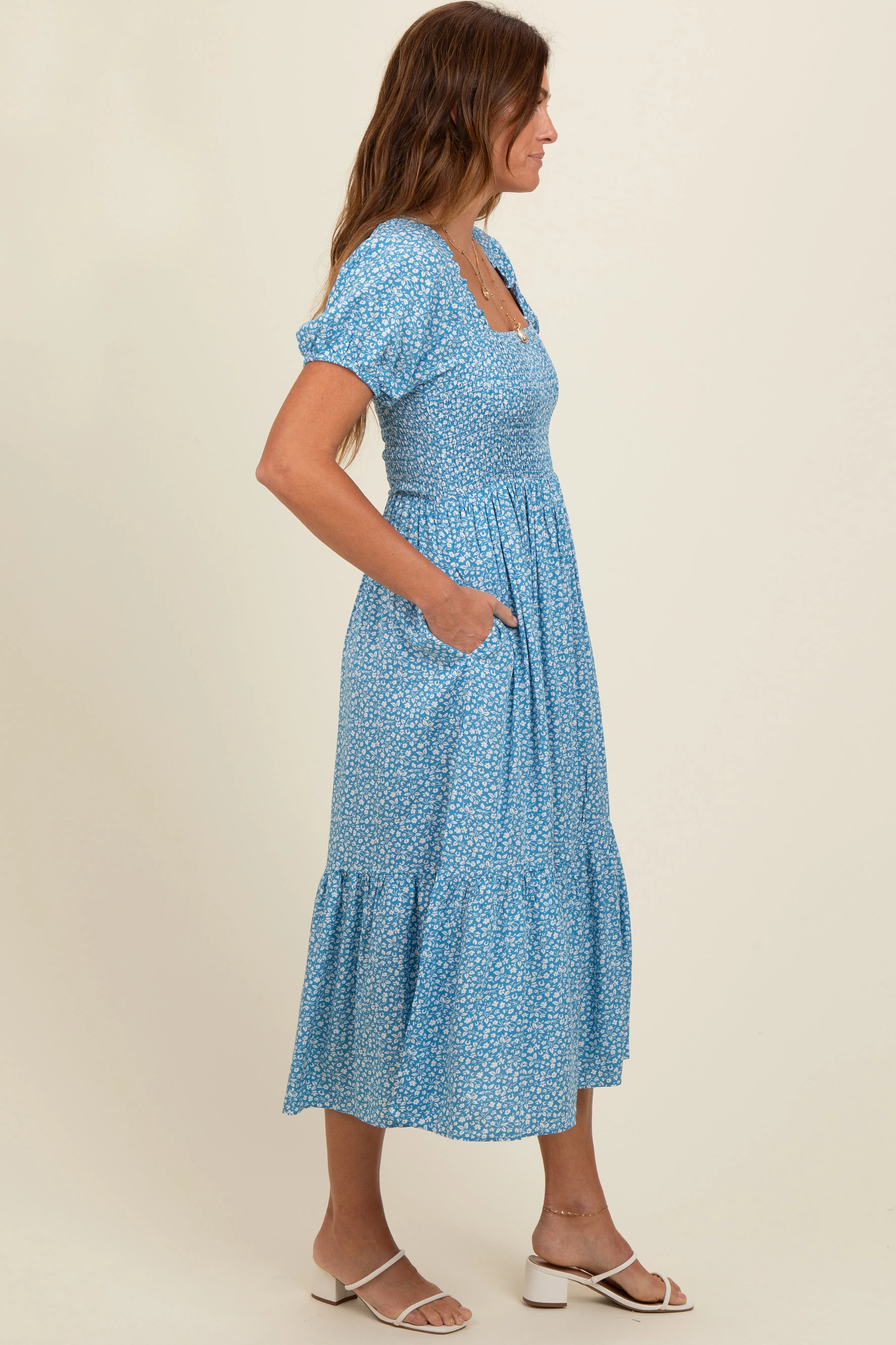 Blue Floral Smocked Ruffle Hem Midi Dress sold by Pinkblush product image thumbnail 3