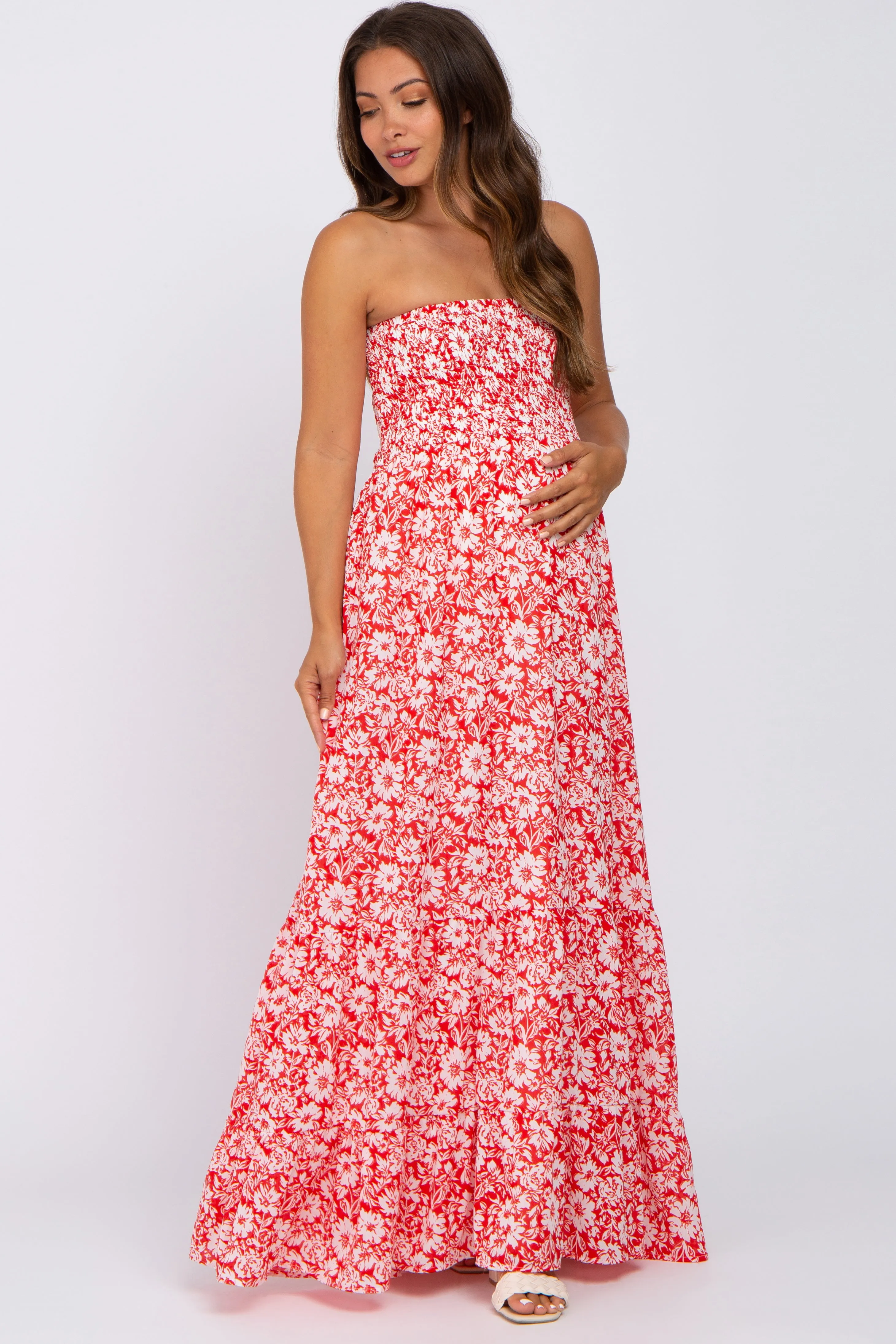 Red Floral Strapless Smocked Maternity Maxi Dress sold by Pinkblush