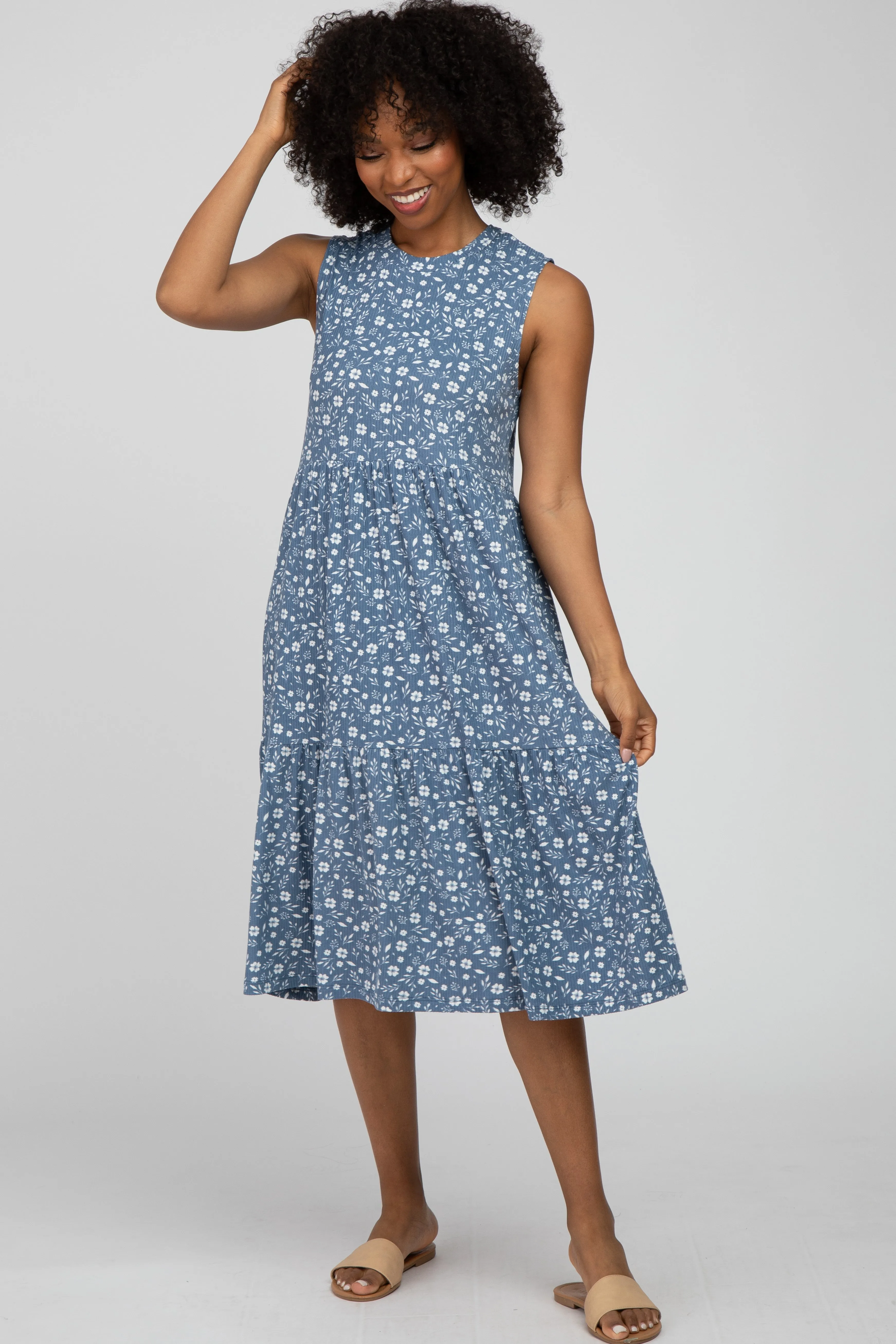 Blue Floral Ribbed Tiered Midi Dress sold by Pinkblush