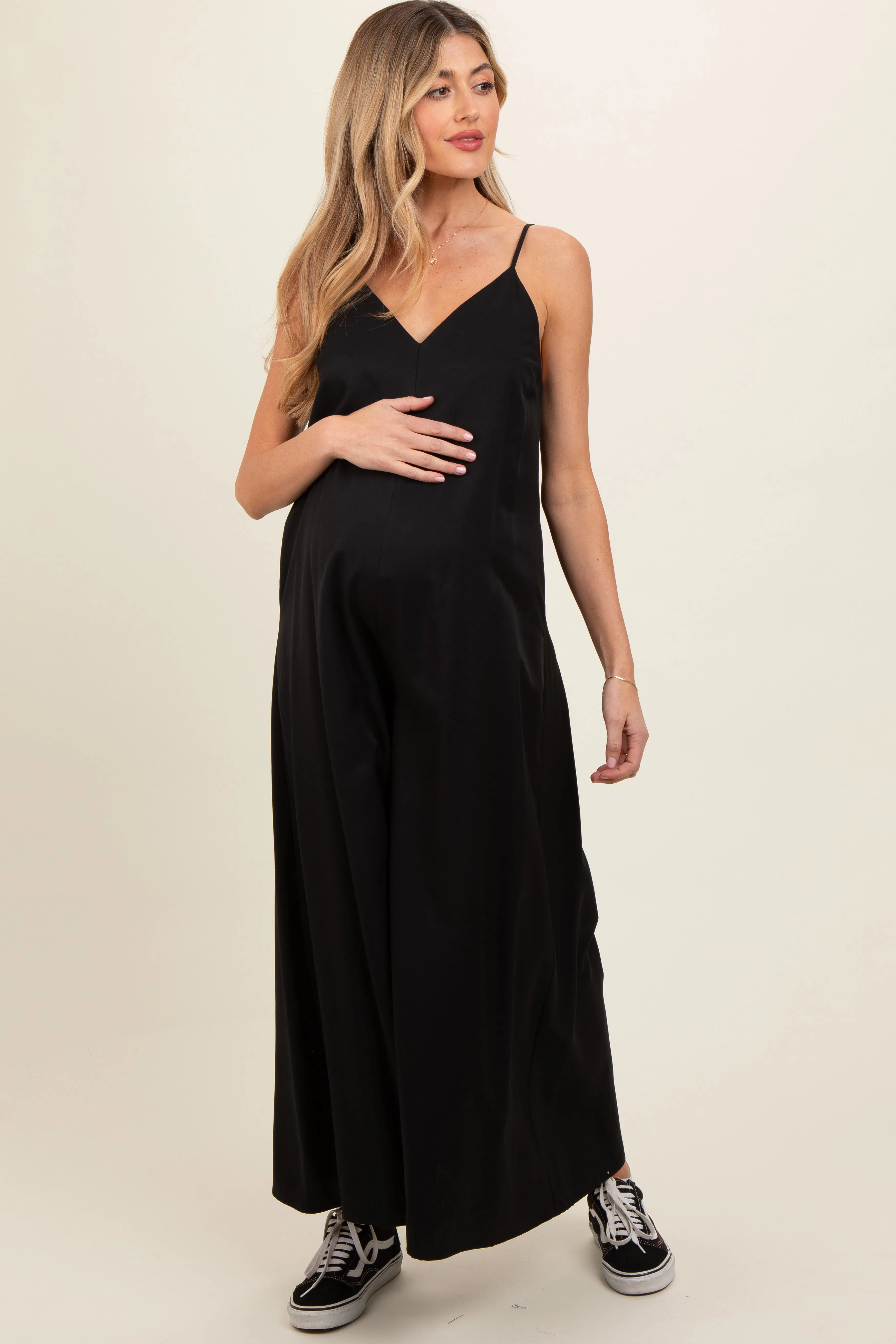 Black V-Neck Sleeveless Wide Leg Maternity Jumpsuit sold by Pinkblush
