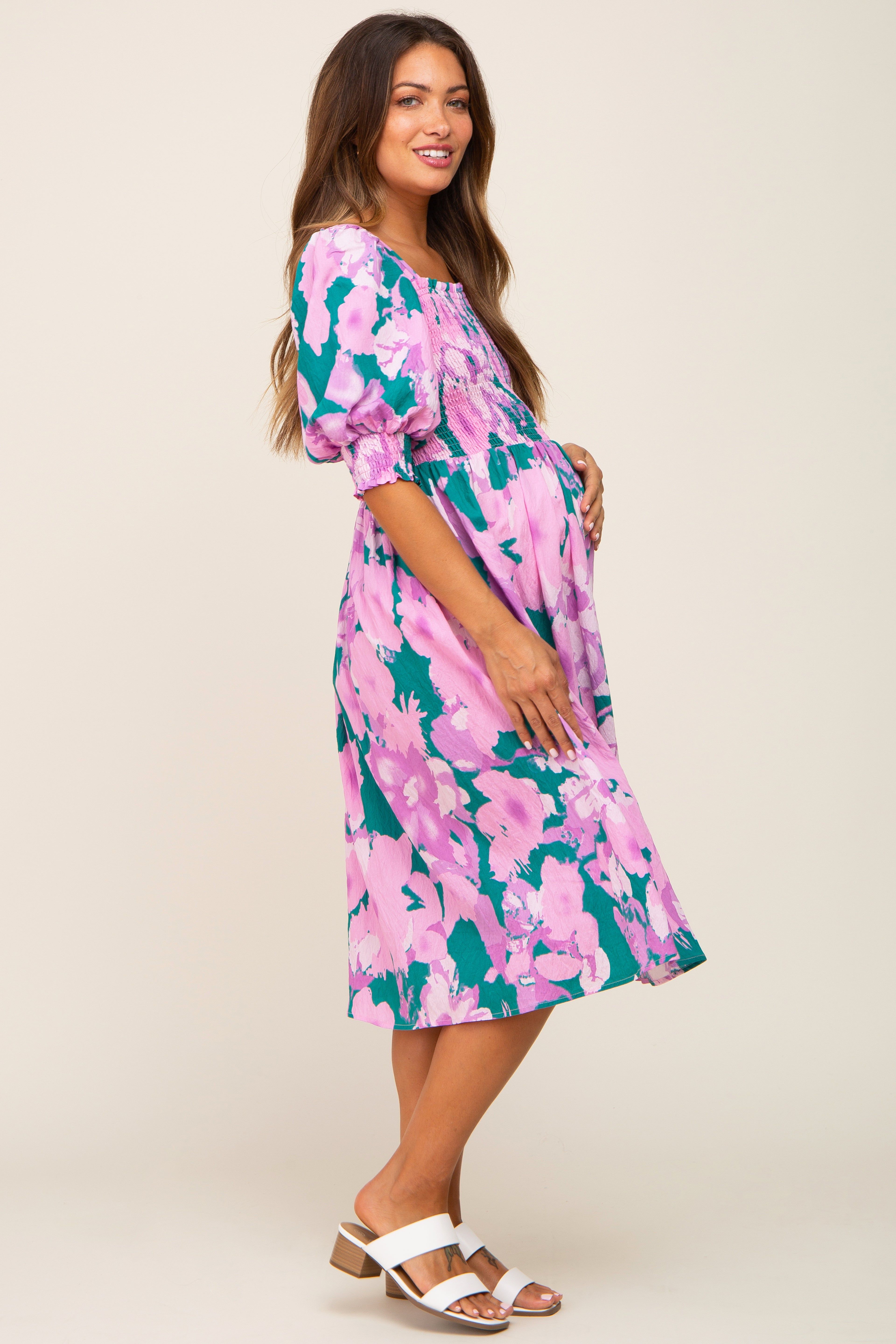 Lavender Floral Square Neck Smocked Maternity Midi Dress sold by Pinkblush product image thumbnail 3