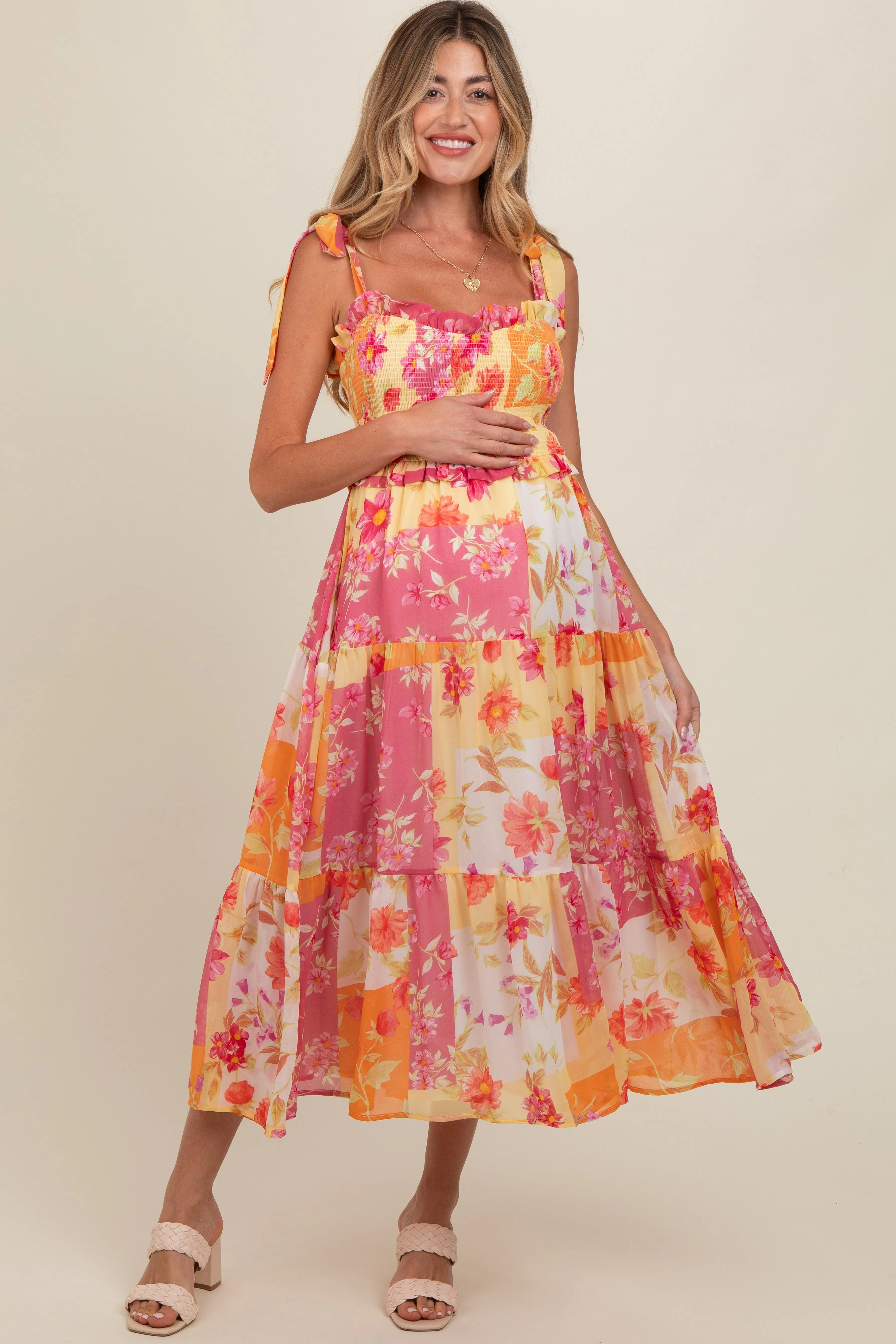 Ivory Floral Smocked Tiered Maternity Midi Dress sold by Pinkblush product image thumbnail 3