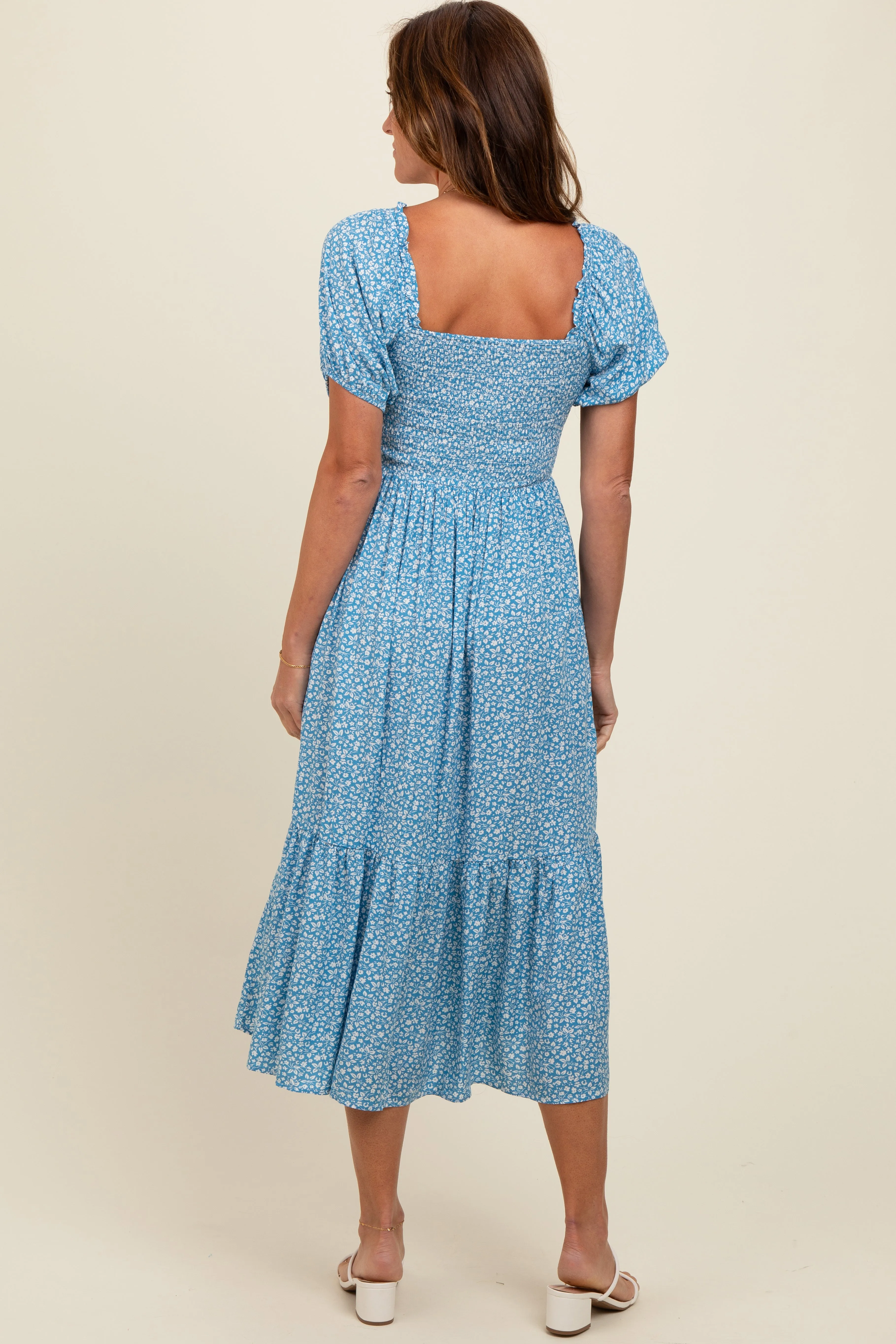 Blue Floral Smocked Ruffle Hem Midi Dress sold by Pinkblush product image thumbnail 4