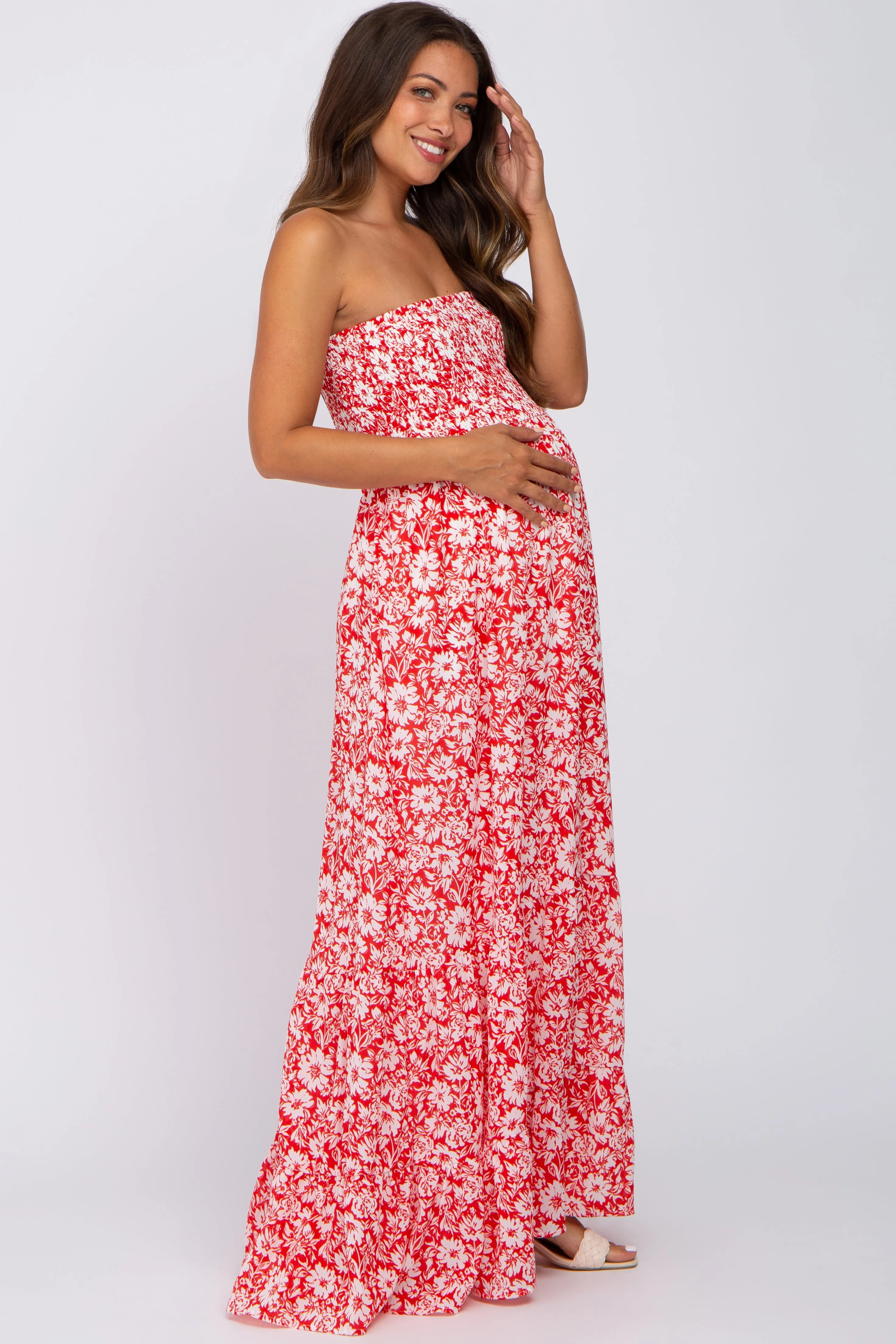Red Floral Strapless Smocked Maternity Maxi Dress sold by Pinkblush product image thumbnail 2