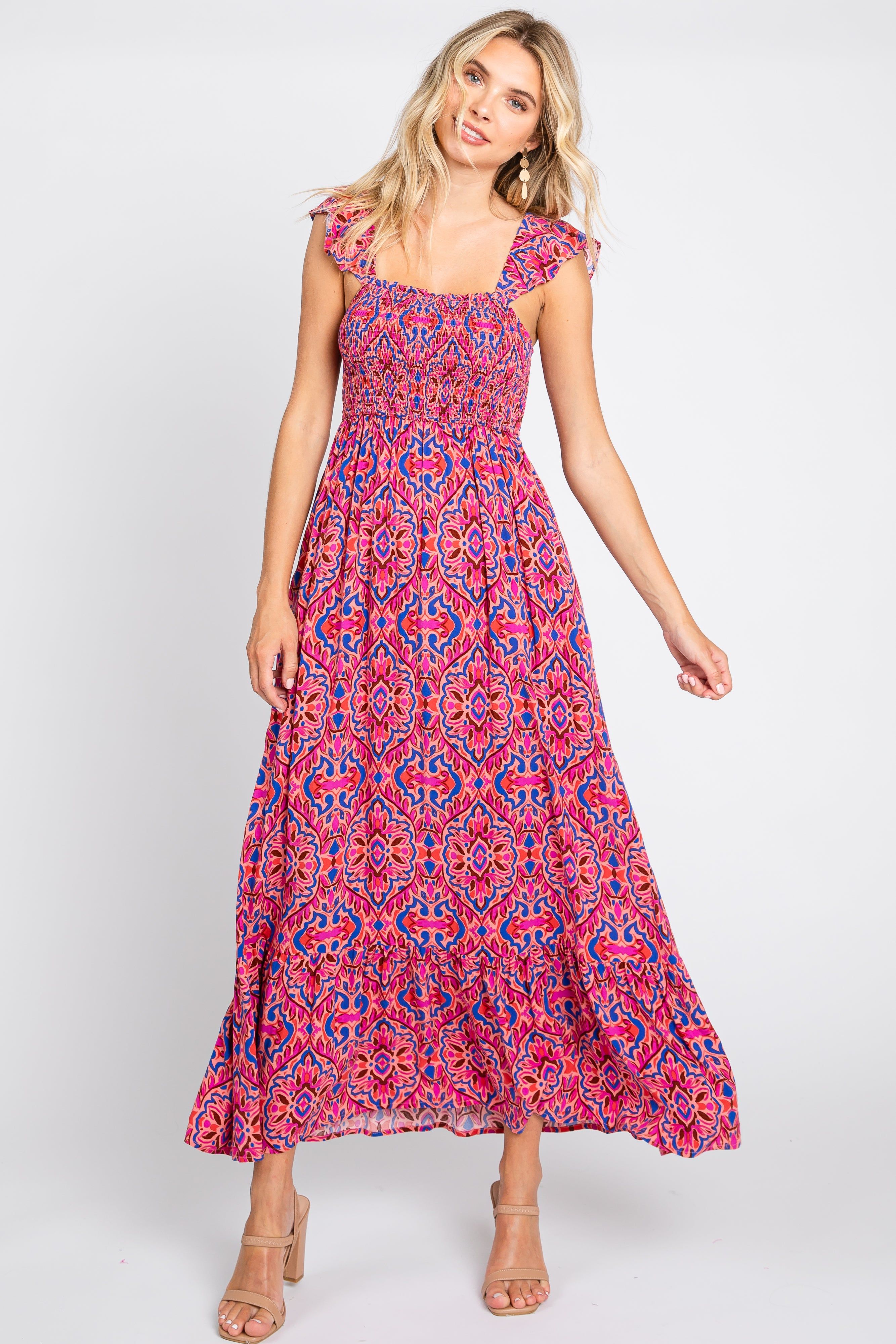 Magenta Printed Smocked Maxi Dress sold by Pinkblush product image thumbnail 4