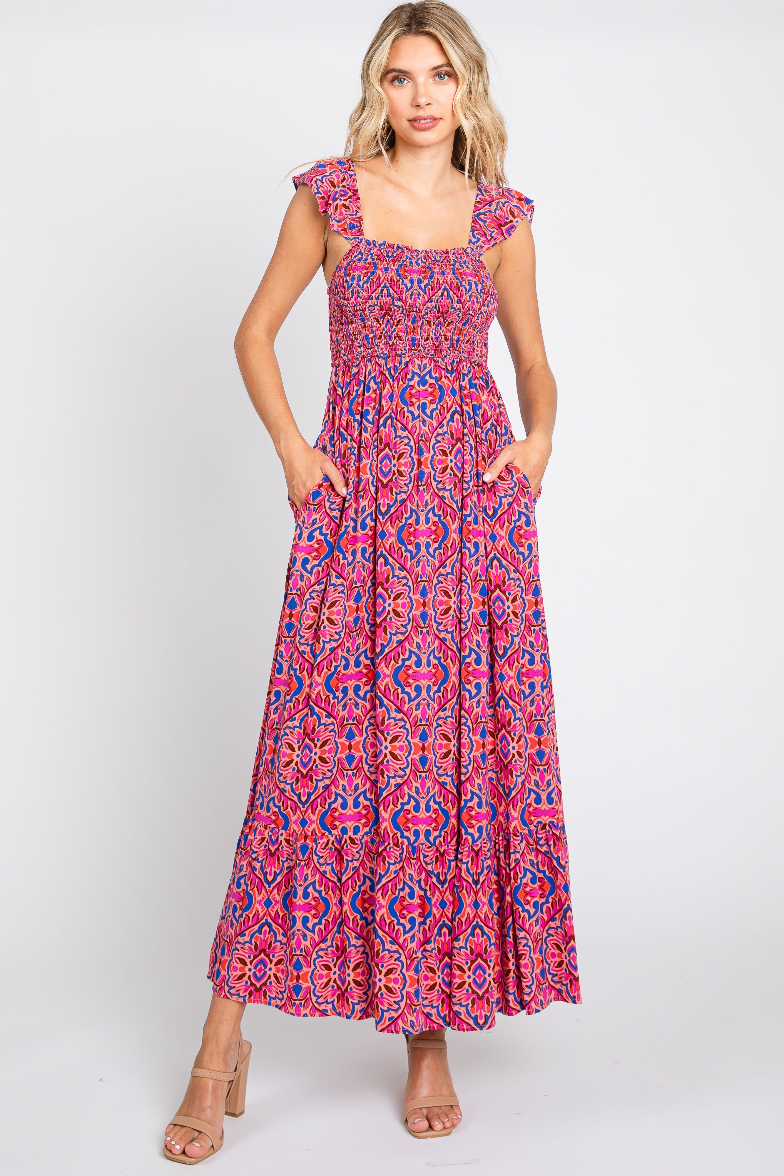 Magenta Printed Smocked Maxi Dress sold by Pinkblush