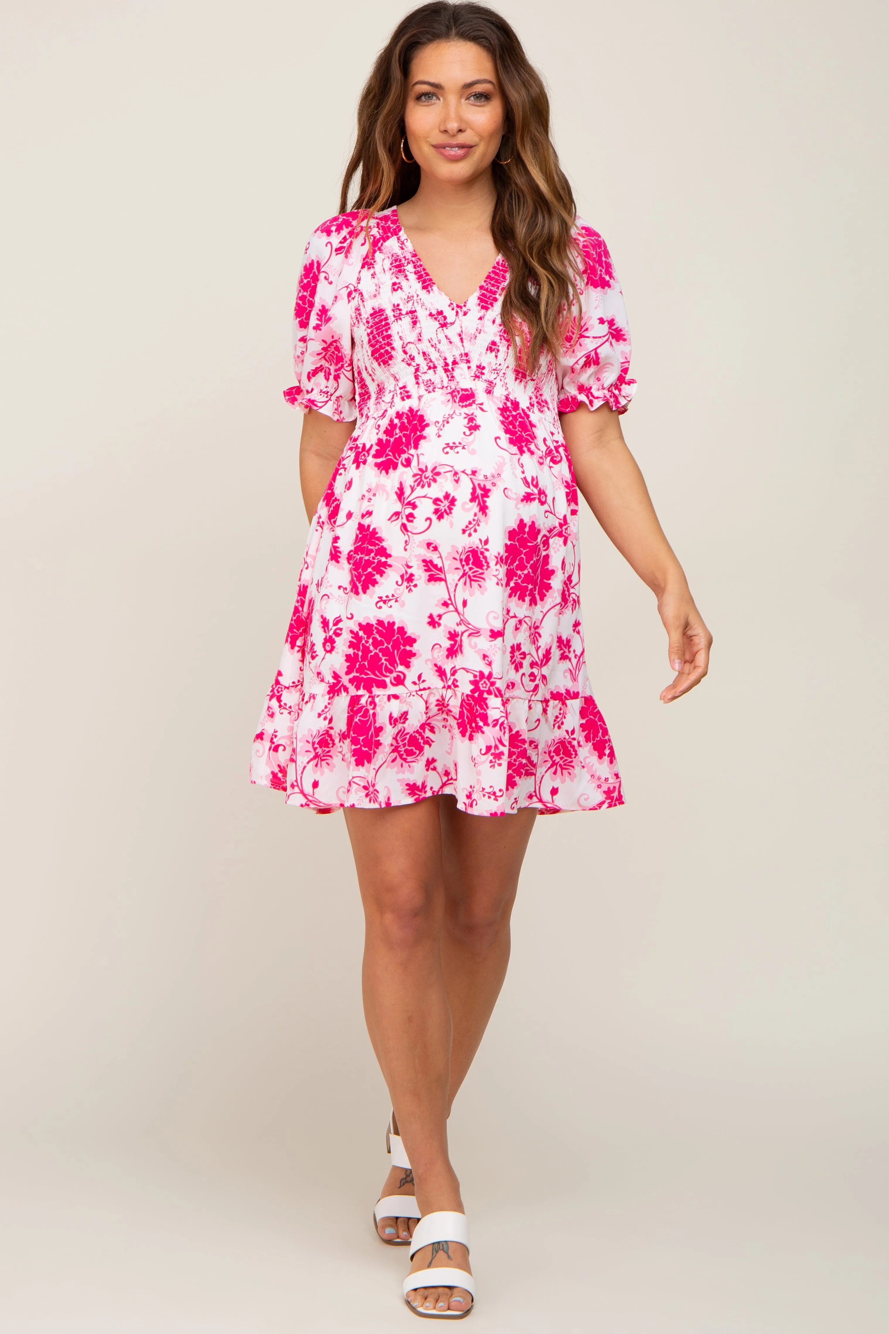 Fuchsia Floral Smocked Puff Sleeve Maternity Dress sold by Pinkblush product image thumbnail 4