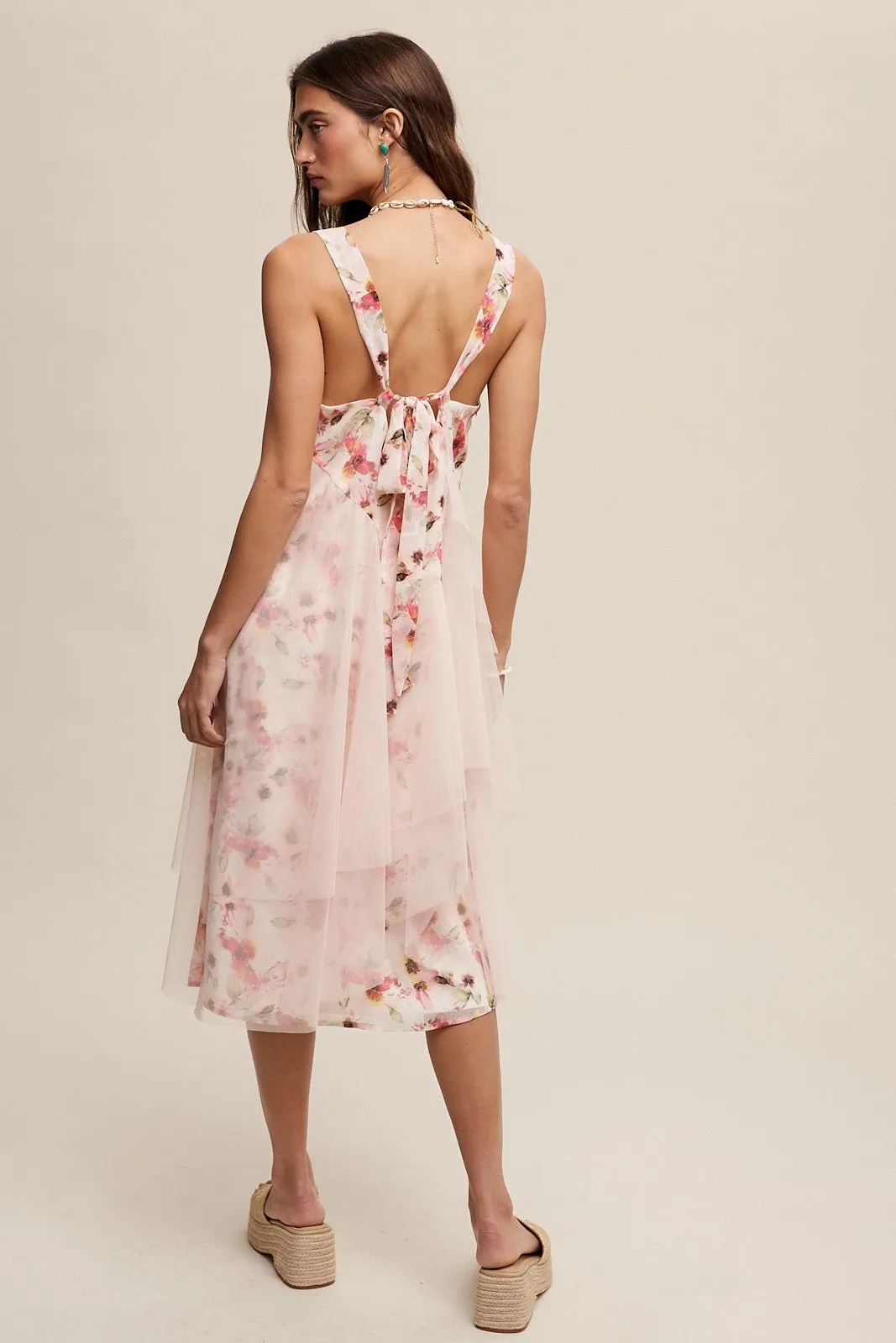 Blush Romantic Floral Print Midi Dress With Drapey Mesh sold by Pinkblush product image thumbnail 4