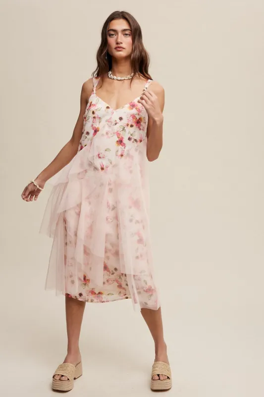 Blush Romantic Floral Print Midi Dress With Drapey Mesh sold by Pinkblush