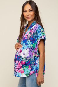 Navy Abstract Floral Button Down Maternity Top sold by Pinkblush