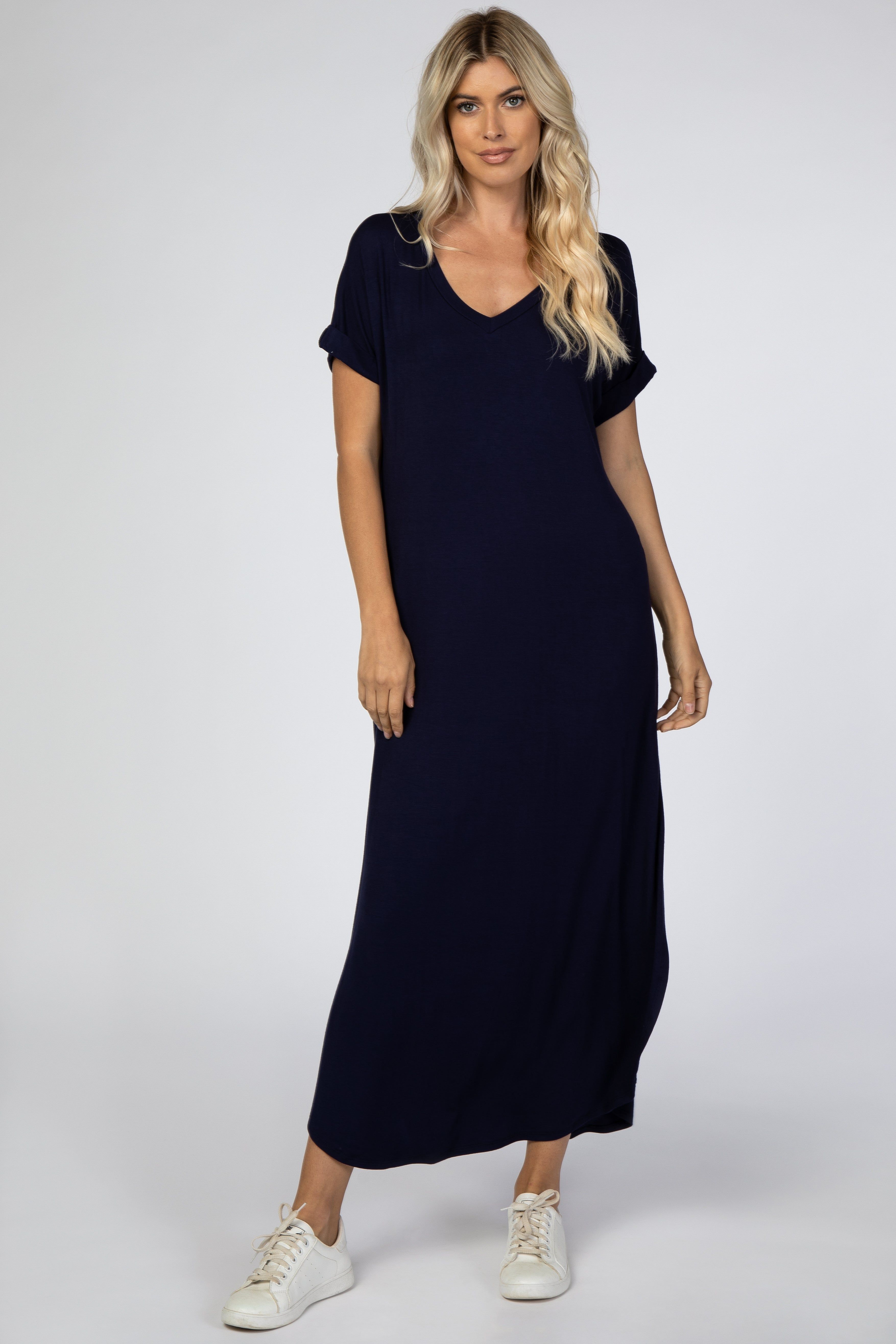 Navy Curved Hem Maxi Dress sold by Pinkblush