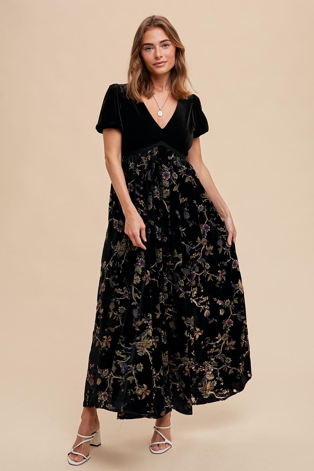 Black Floral Burnout Velvet Maxi Dress sold by Pinkblush
