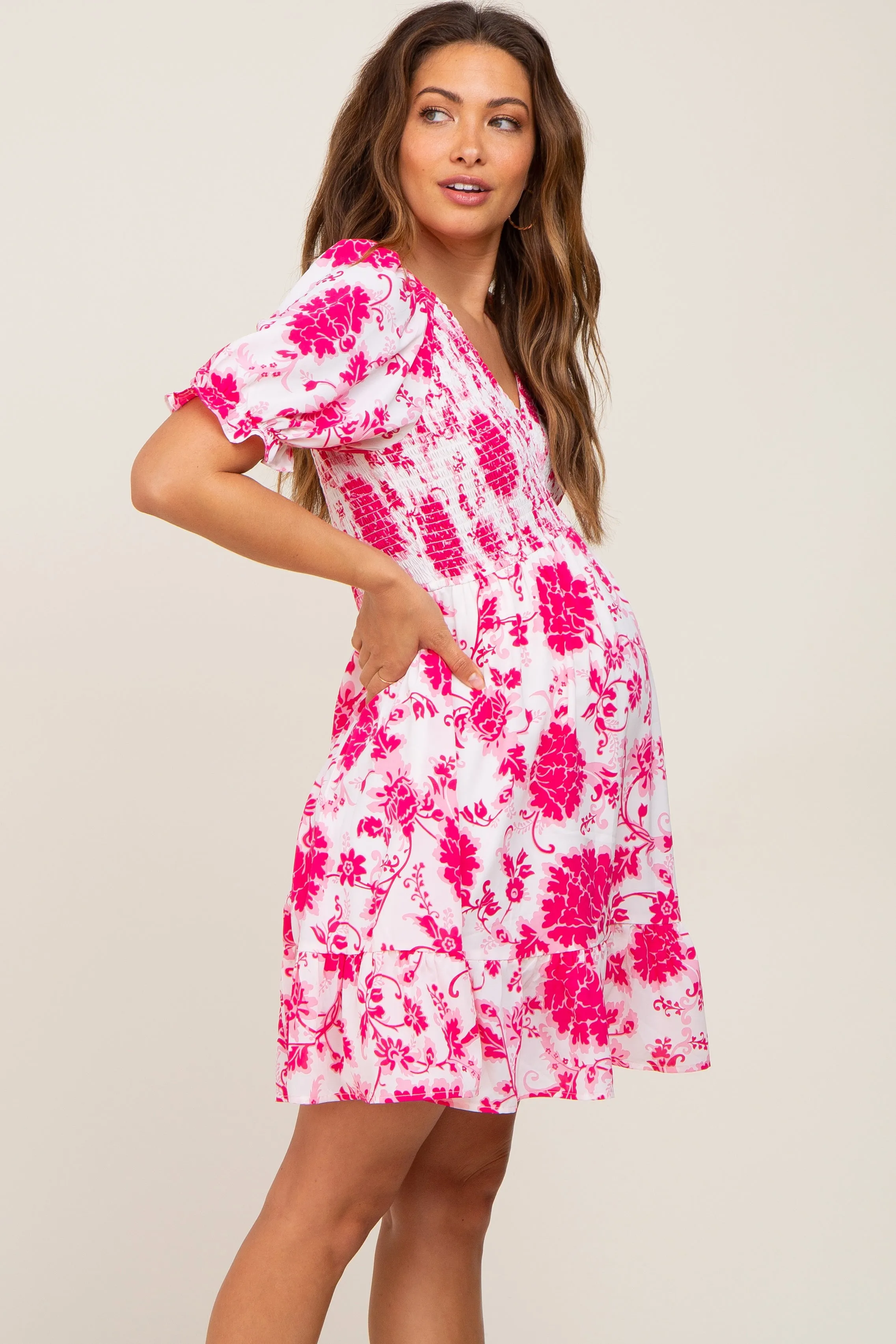 Fuchsia Floral Smocked Puff Sleeve Maternity Dress sold by Pinkblush product image thumbnail 2
