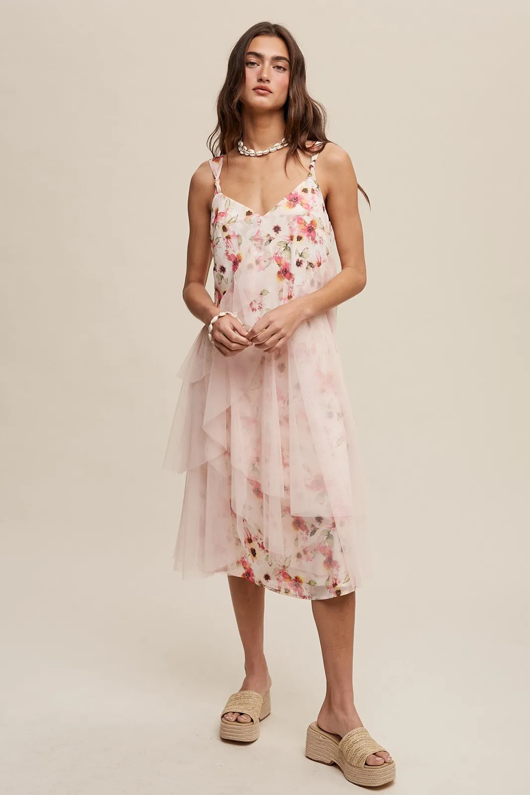 Blush Romantic Floral Print Midi Dress With Drapey Mesh sold by Pinkblush product image thumbnail 2