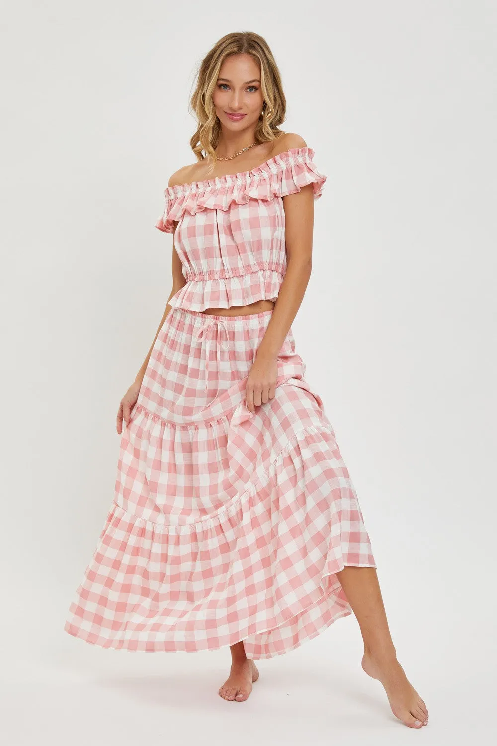 Pink Gingham Maxi Skirt sold by Pinkblush