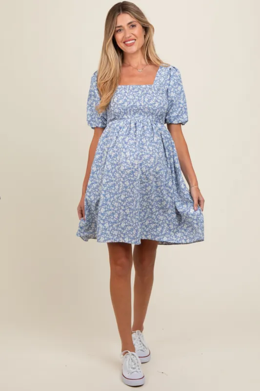 Light Blue Floral Smocked Tie Back Maternity Dress sold by Pinkblush