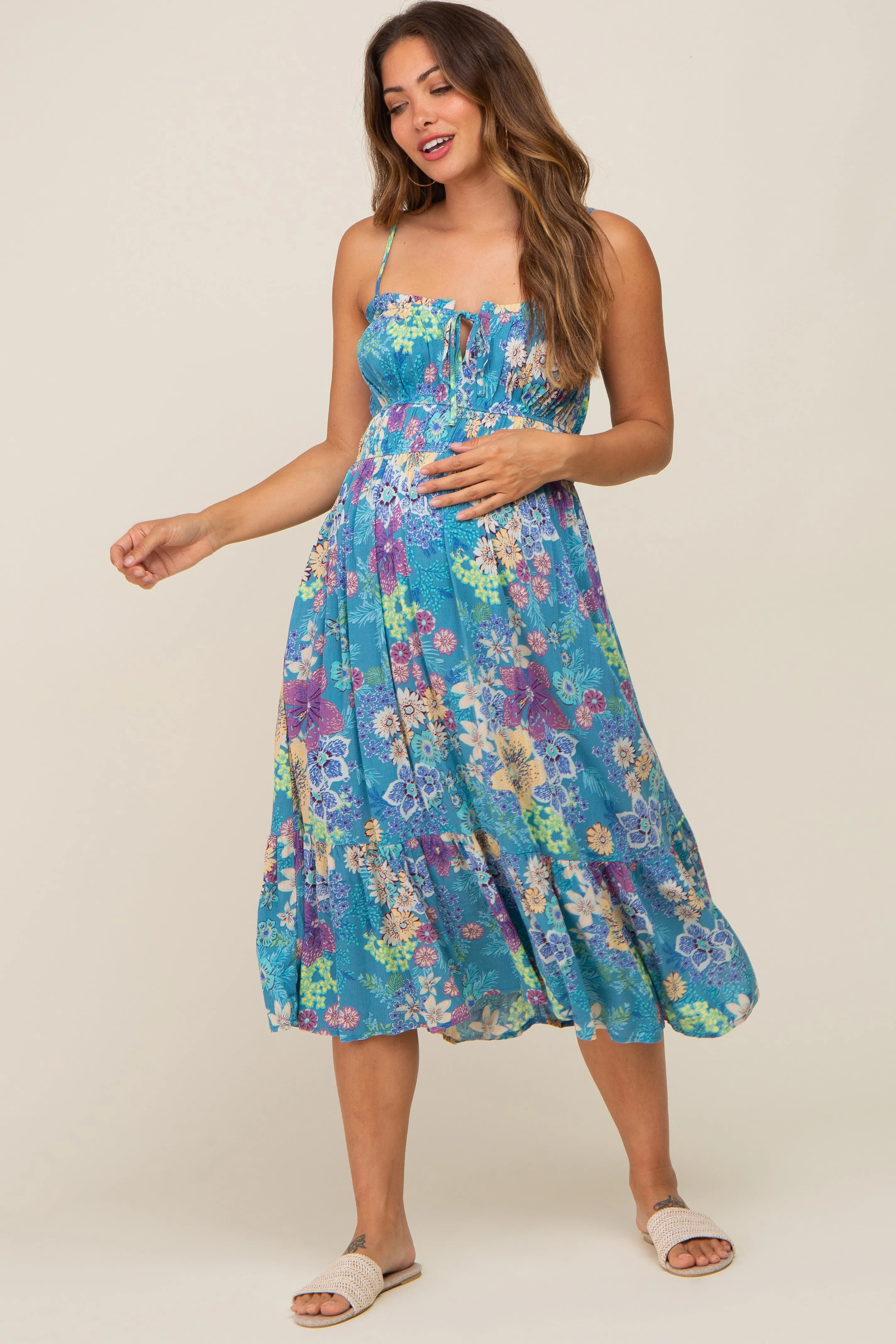 Teal Floral Shirred Maternity Midi Dress sold by Pinkblush product image thumbnail 4