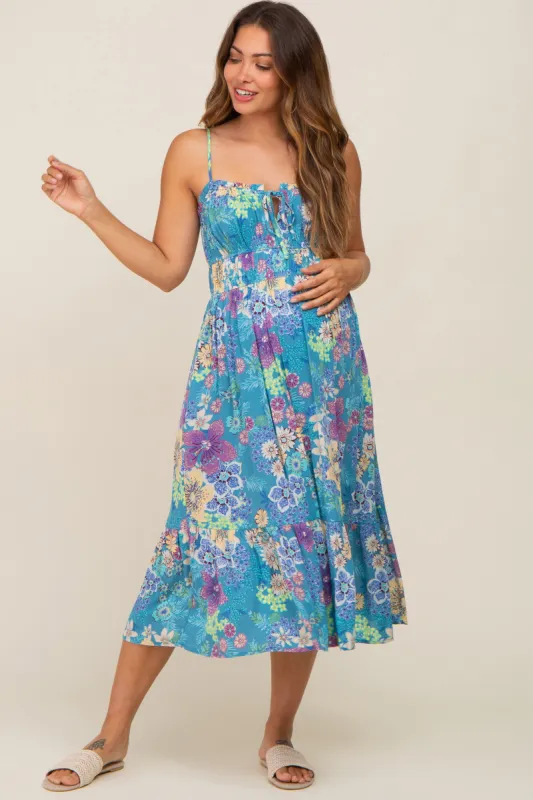 Teal Floral Shirred Maternity Midi Dress sold by Pinkblush