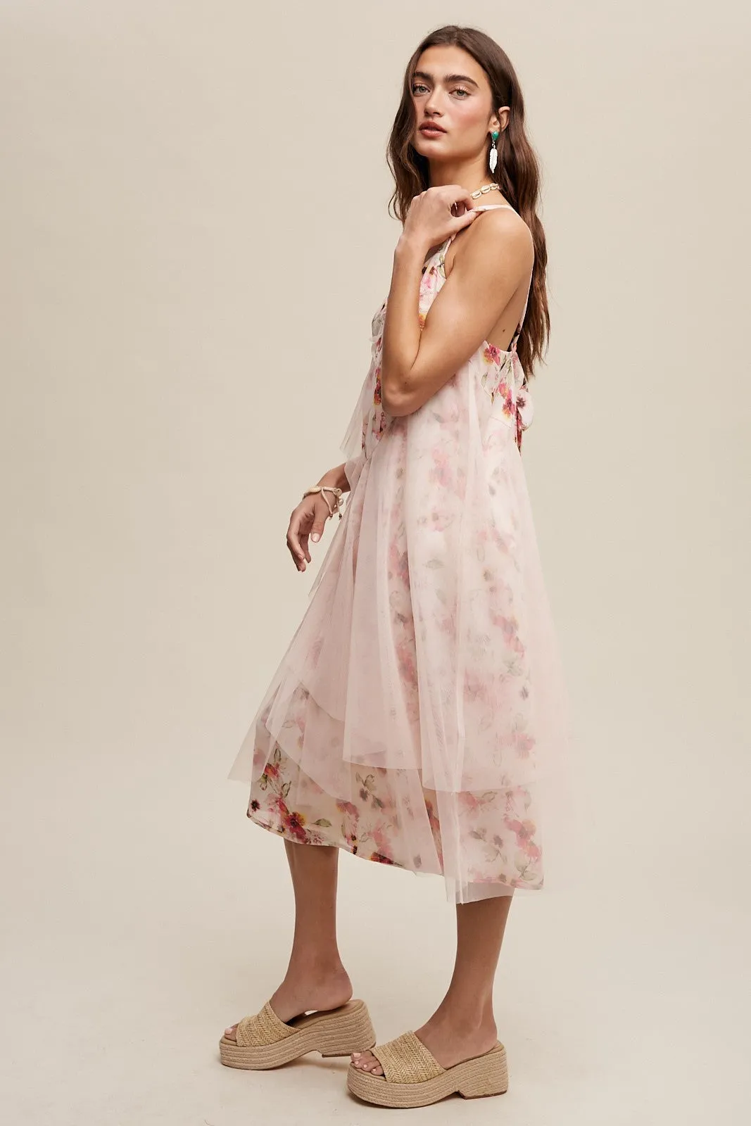 Blush Romantic Floral Print Midi Dress With Drapey Mesh sold by Pinkblush product image thumbnail 3