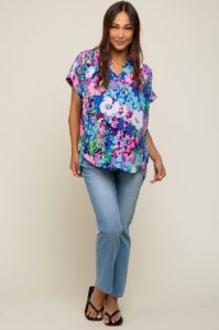 Navy Abstract Floral Button Down Maternity Top sold by Pinkblush