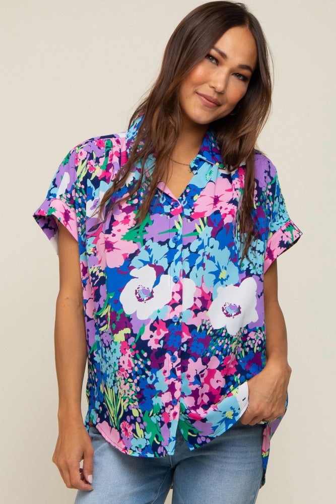 Navy Abstract Floral Button Down Maternity Top sold by Pinkblush