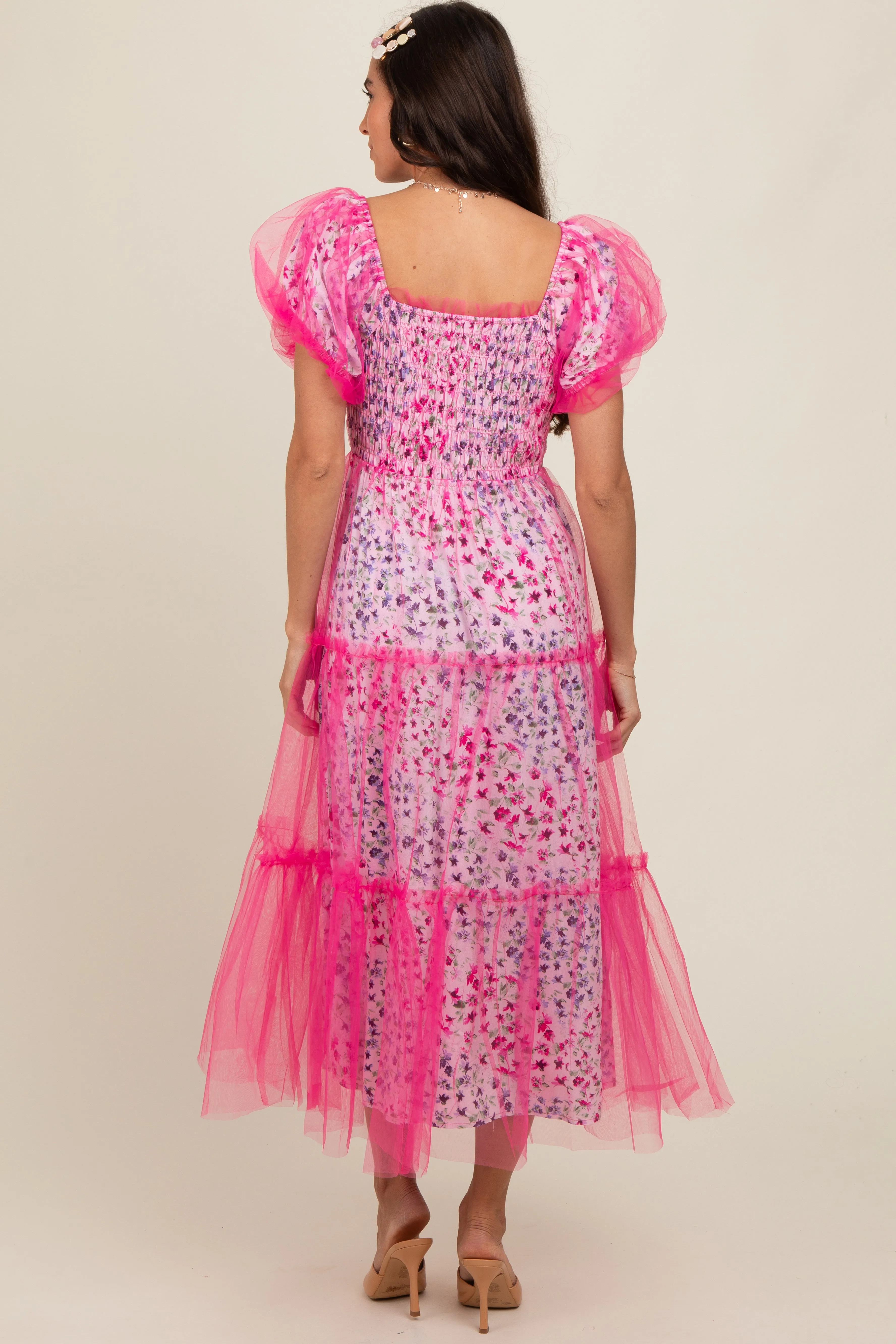 Magenta Floral Lined Smocked Tulle Midi Dress sold by Pinkblush product image thumbnail 4