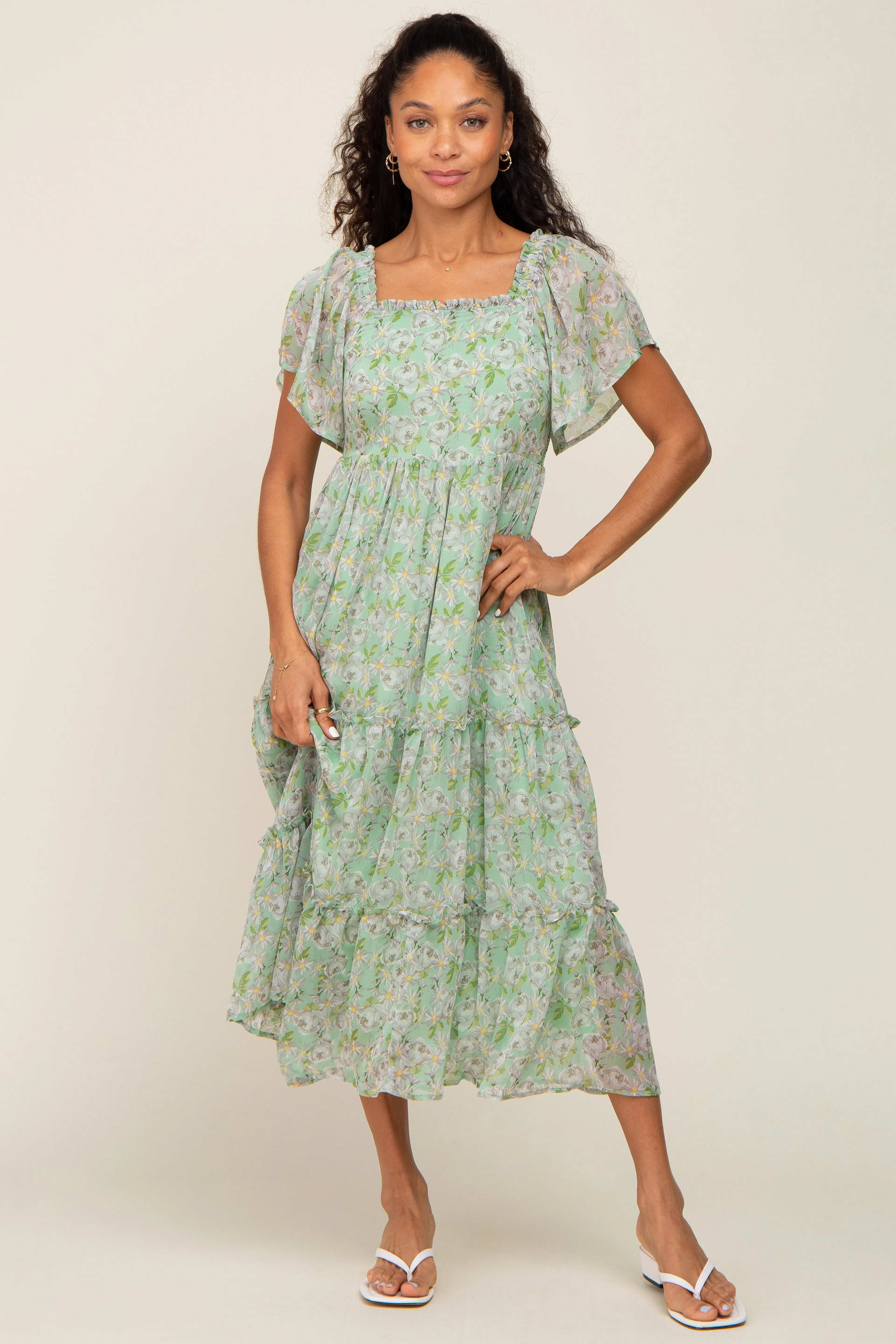 Mint Green Floral Chiffon Tiered Midi Dress sold by Pinkblush product image thumbnail 4