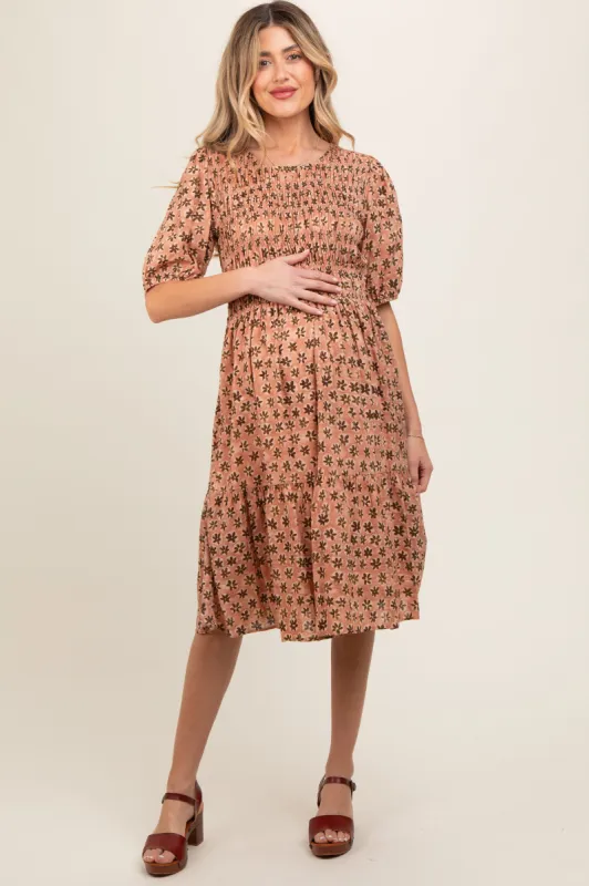 Rust Floral Back Tie Puff Sleeve Maternity Mini Dress sold by Pinkblush