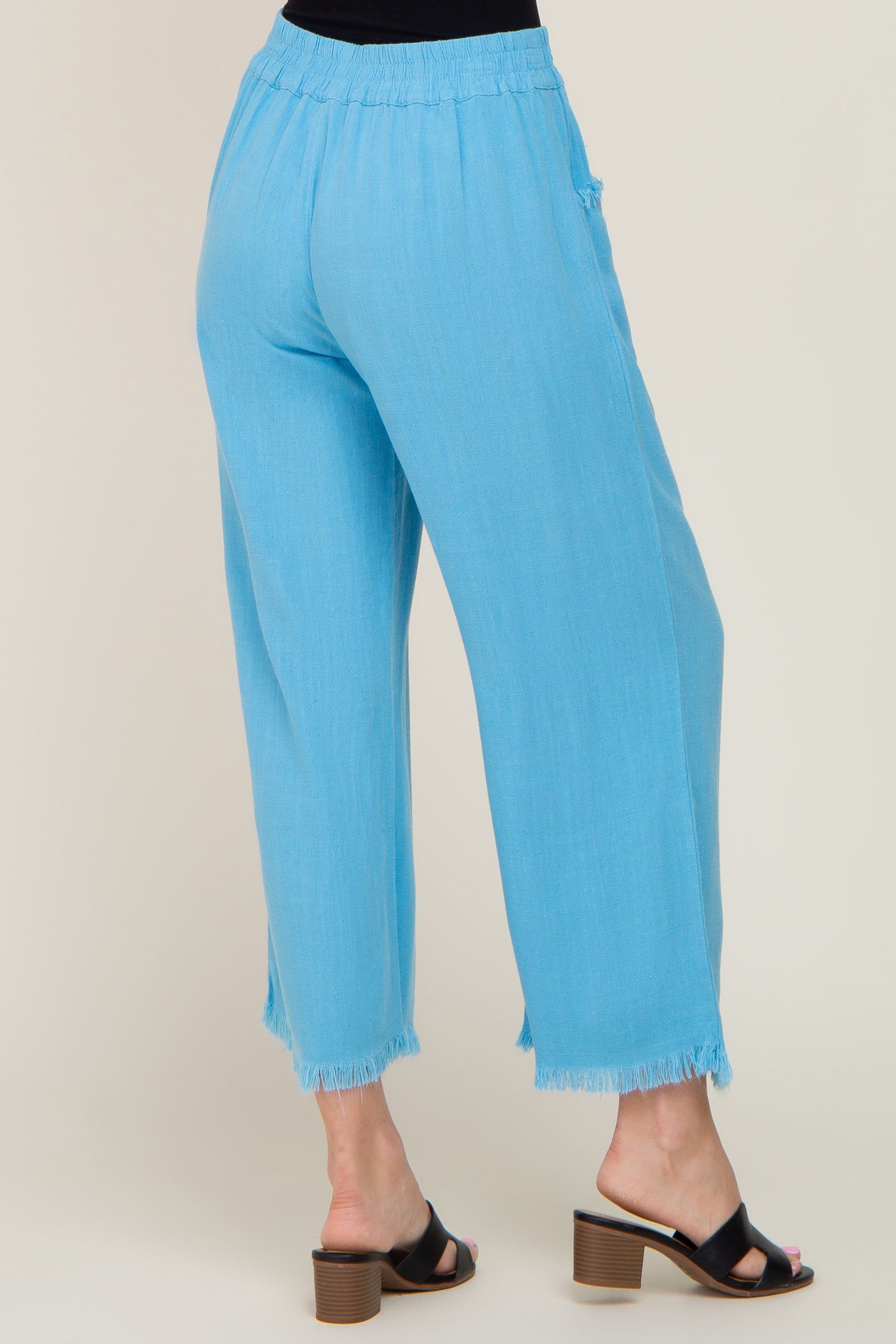 Aqua Blue Linen Frayed Hem Crop Pants sold by Pinkblush product image thumbnail 4