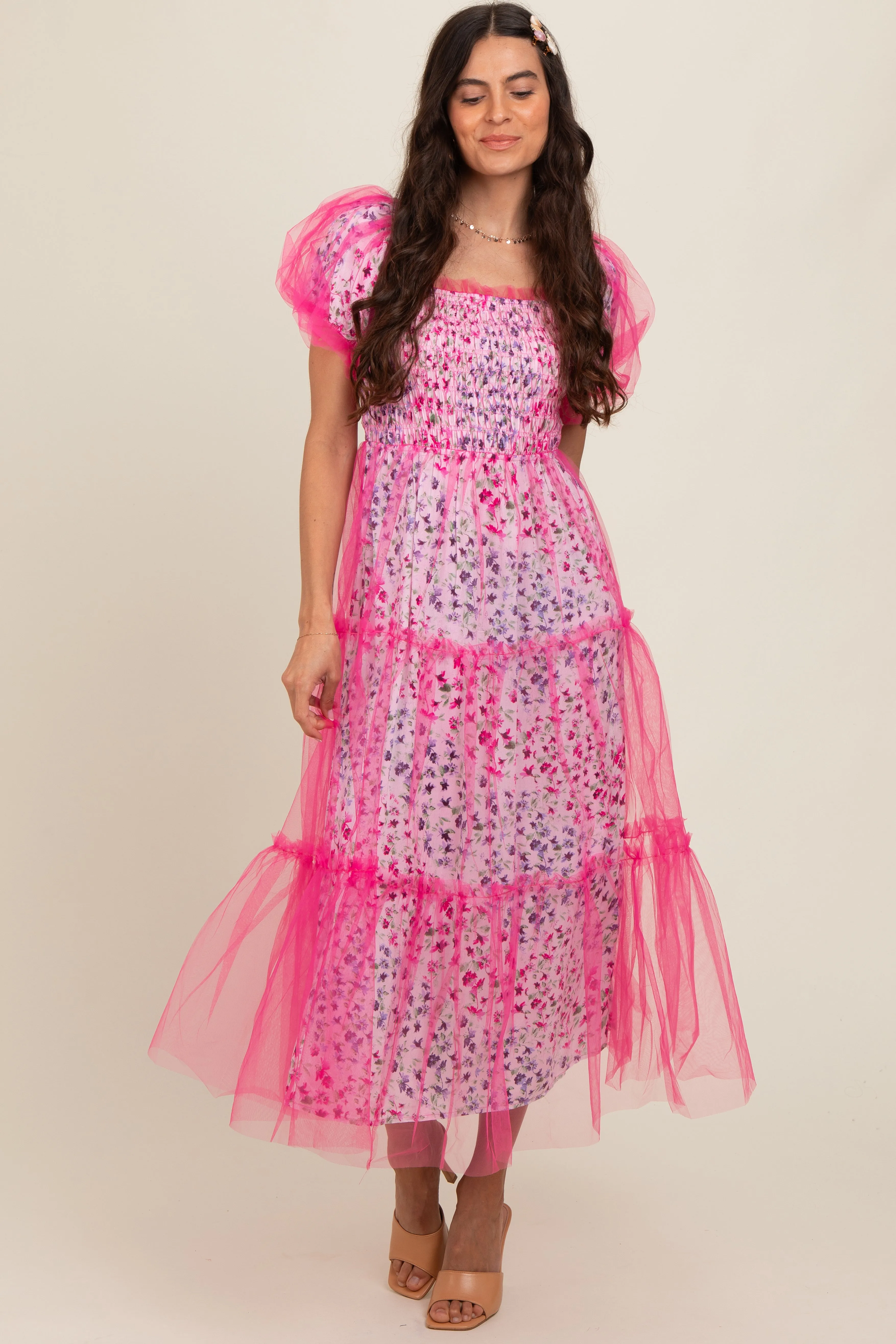 Magenta Floral Lined Smocked Tulle Midi Dress sold by Pinkblush product image thumbnail 2