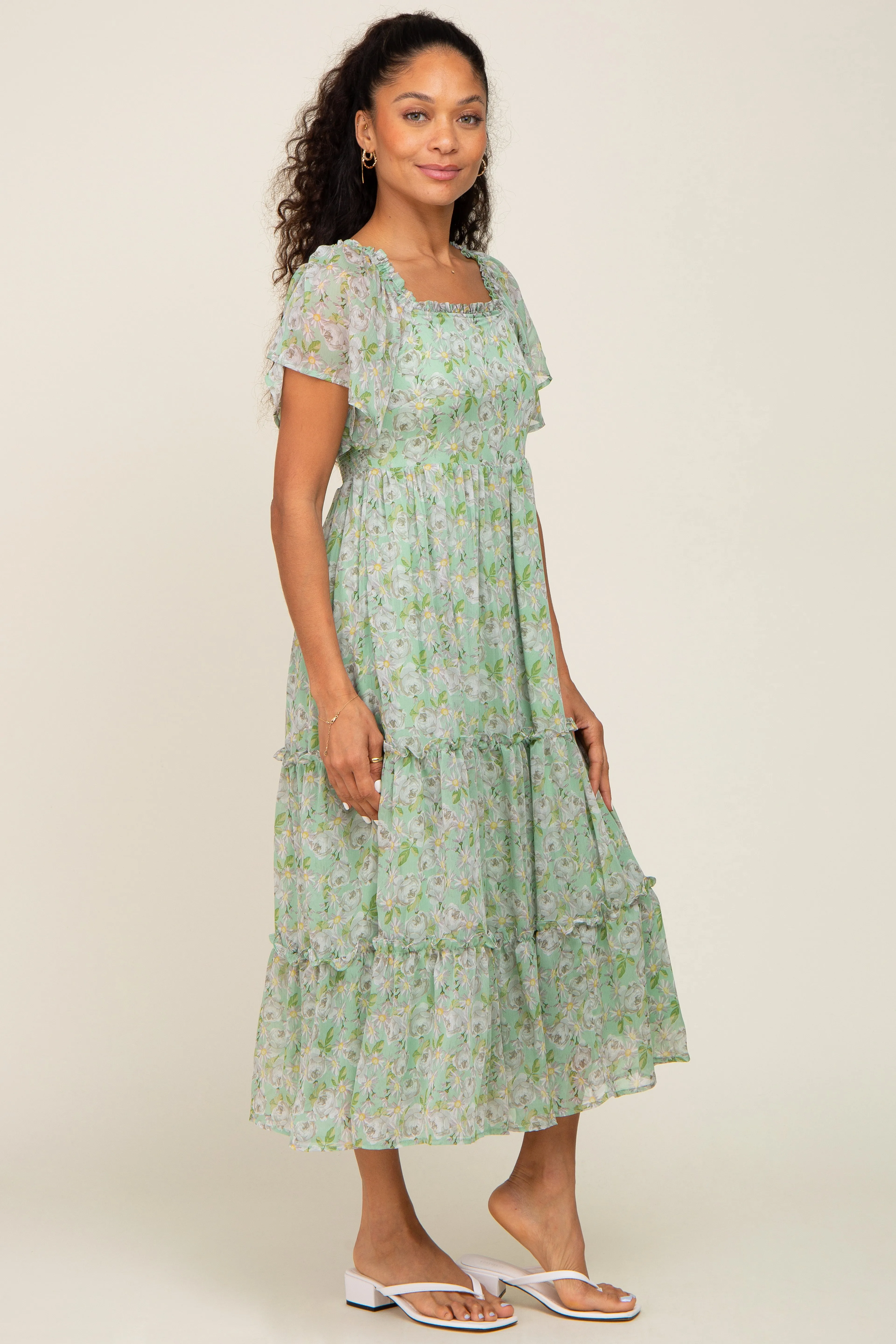 Mint Green Floral Chiffon Tiered Midi Dress sold by Pinkblush product image thumbnail 2