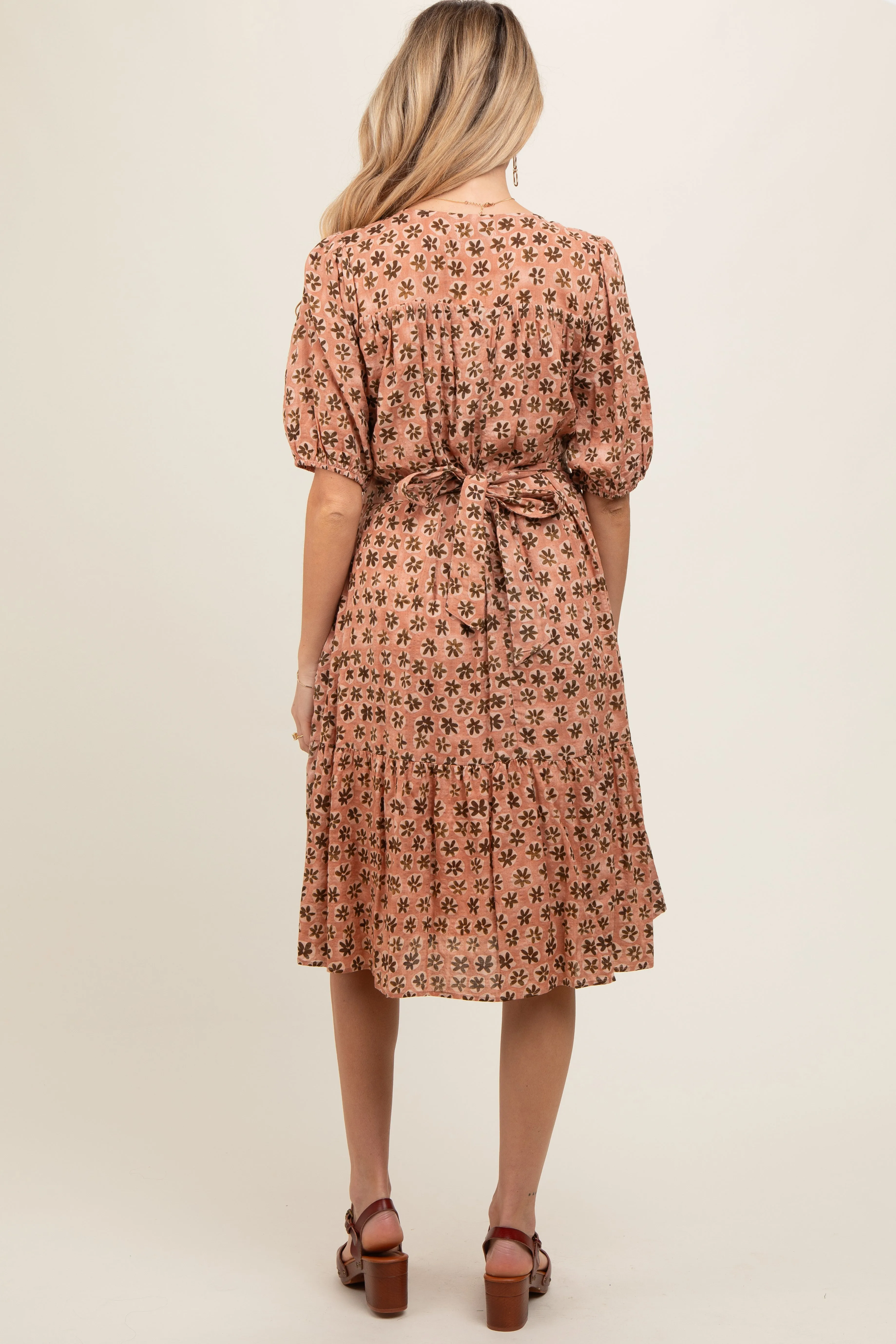 Rust Floral Back Tie Puff Sleeve Maternity Mini Dress sold by Pinkblush product image thumbnail 2