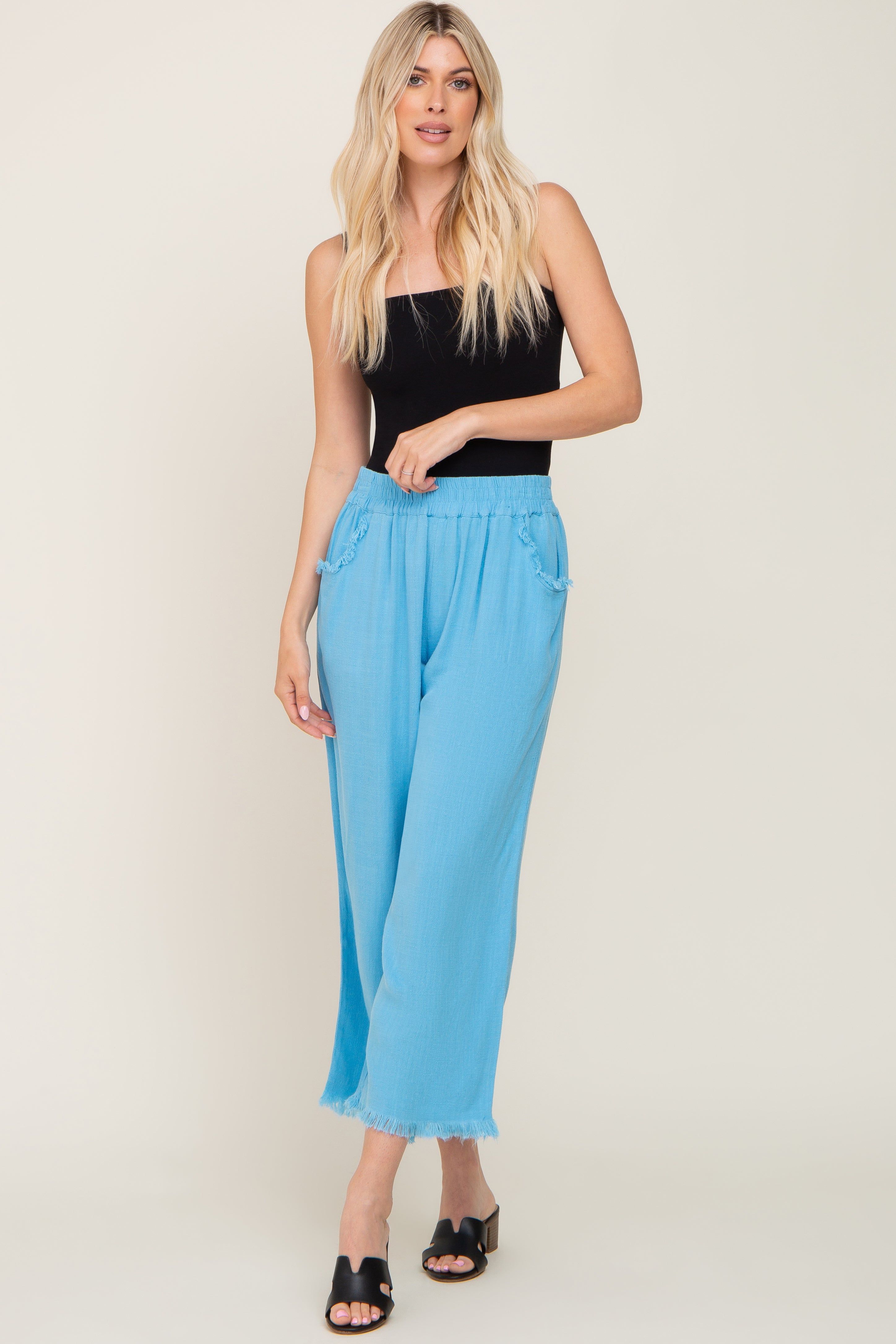 Aqua Blue Linen Frayed Hem Crop Pants sold by Pinkblush product image thumbnail 5