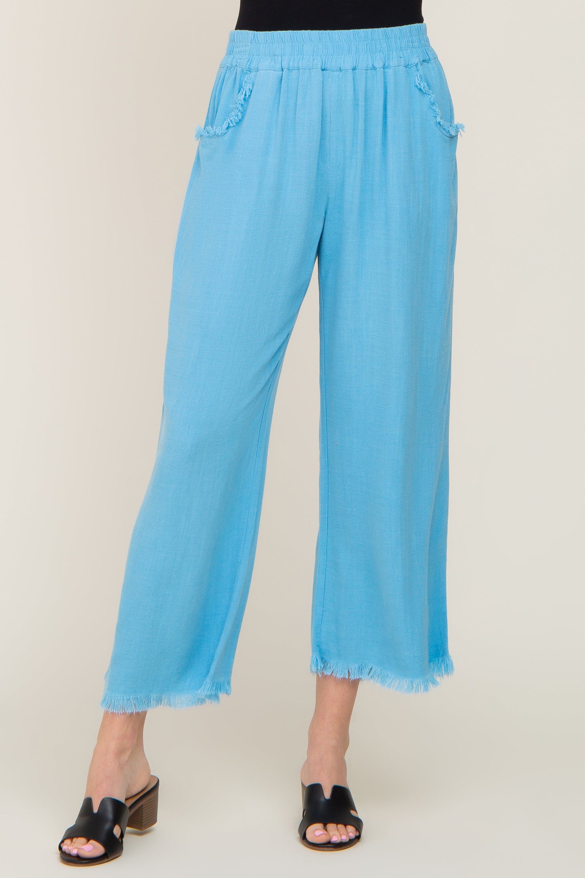 Aqua Blue Linen Frayed Hem Crop Pants sold by Pinkblush product image thumbnail 2