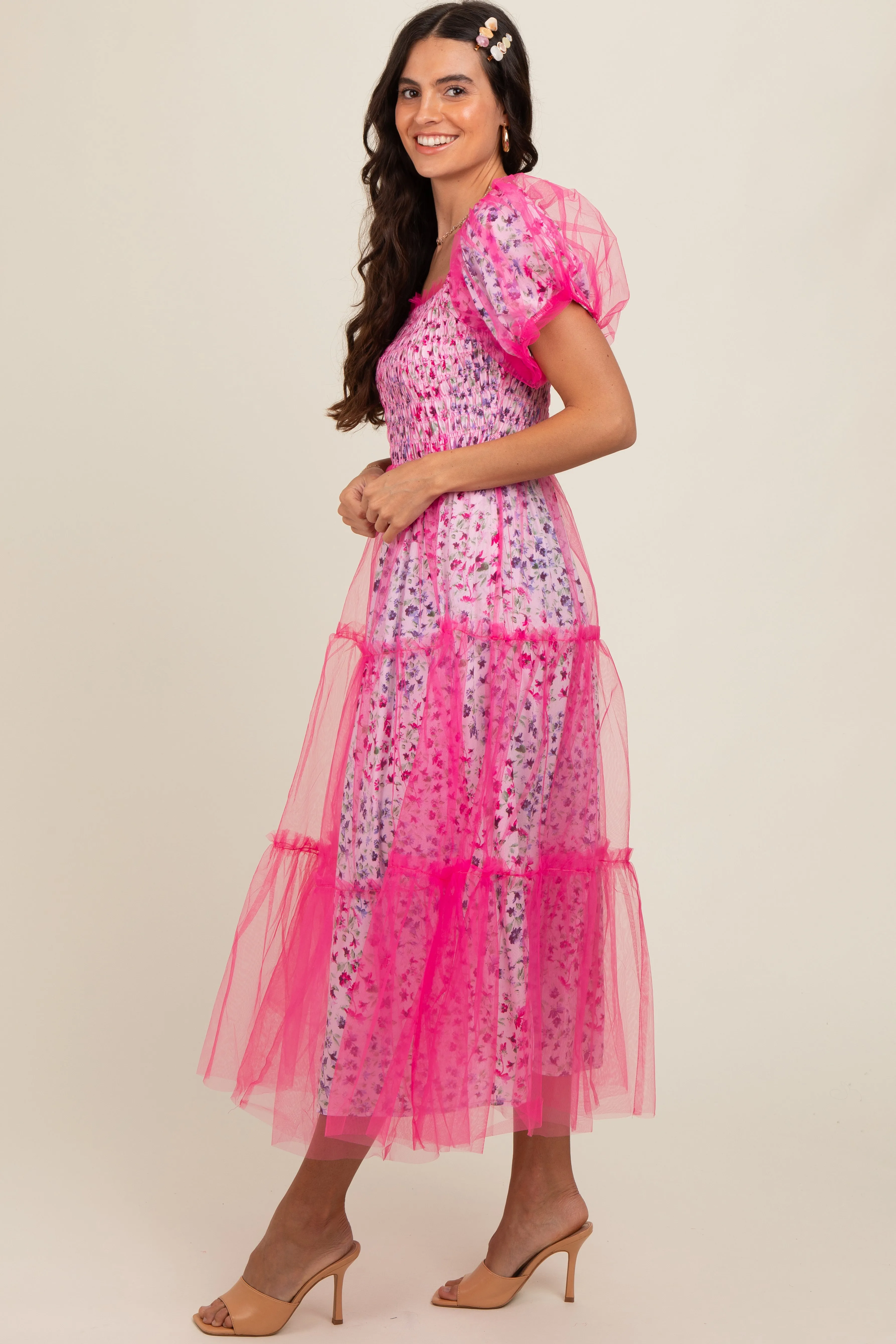 Magenta Floral Lined Smocked Tulle Midi Dress sold by Pinkblush product image thumbnail 3