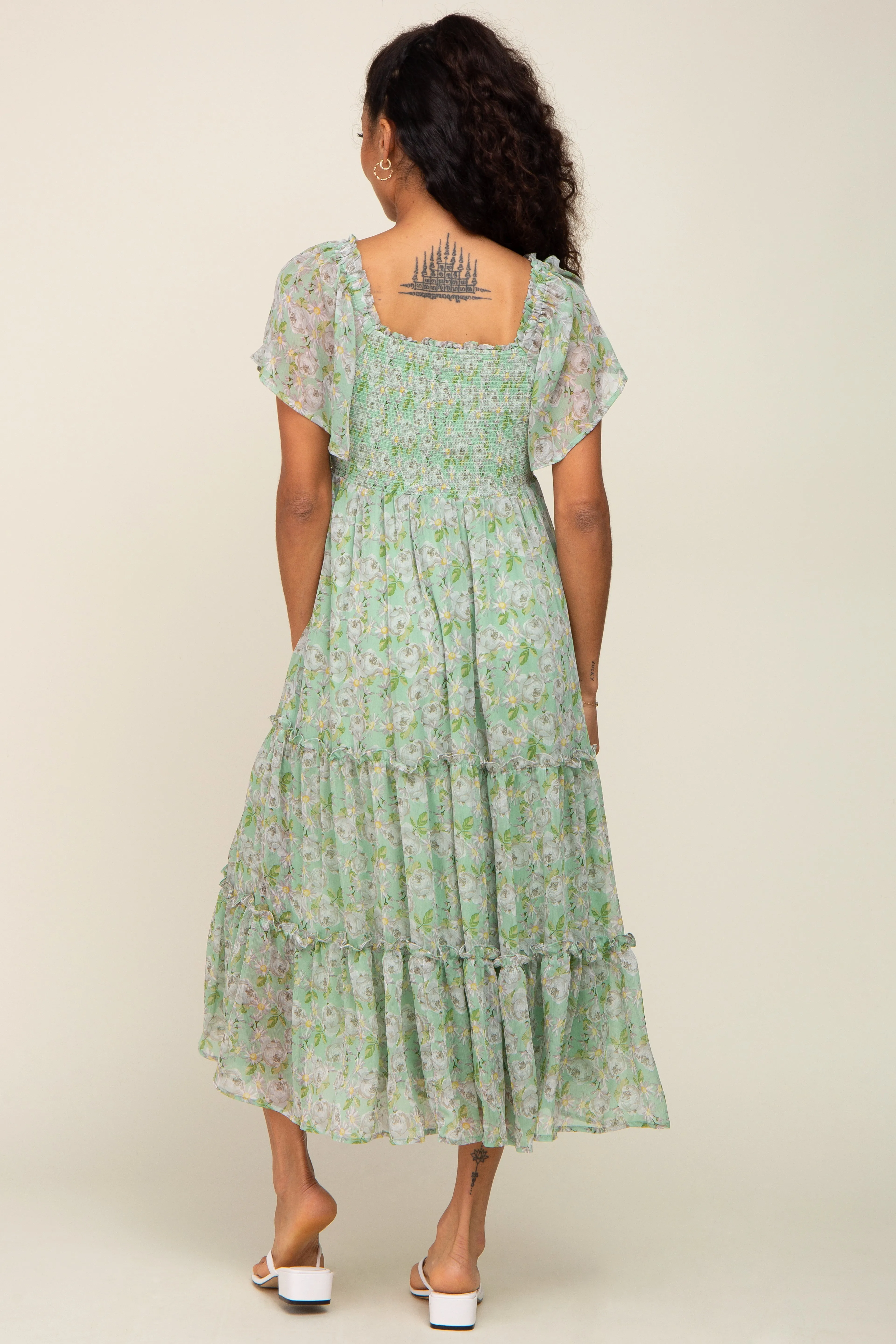Mint Green Floral Chiffon Tiered Midi Dress sold by Pinkblush product image thumbnail 3