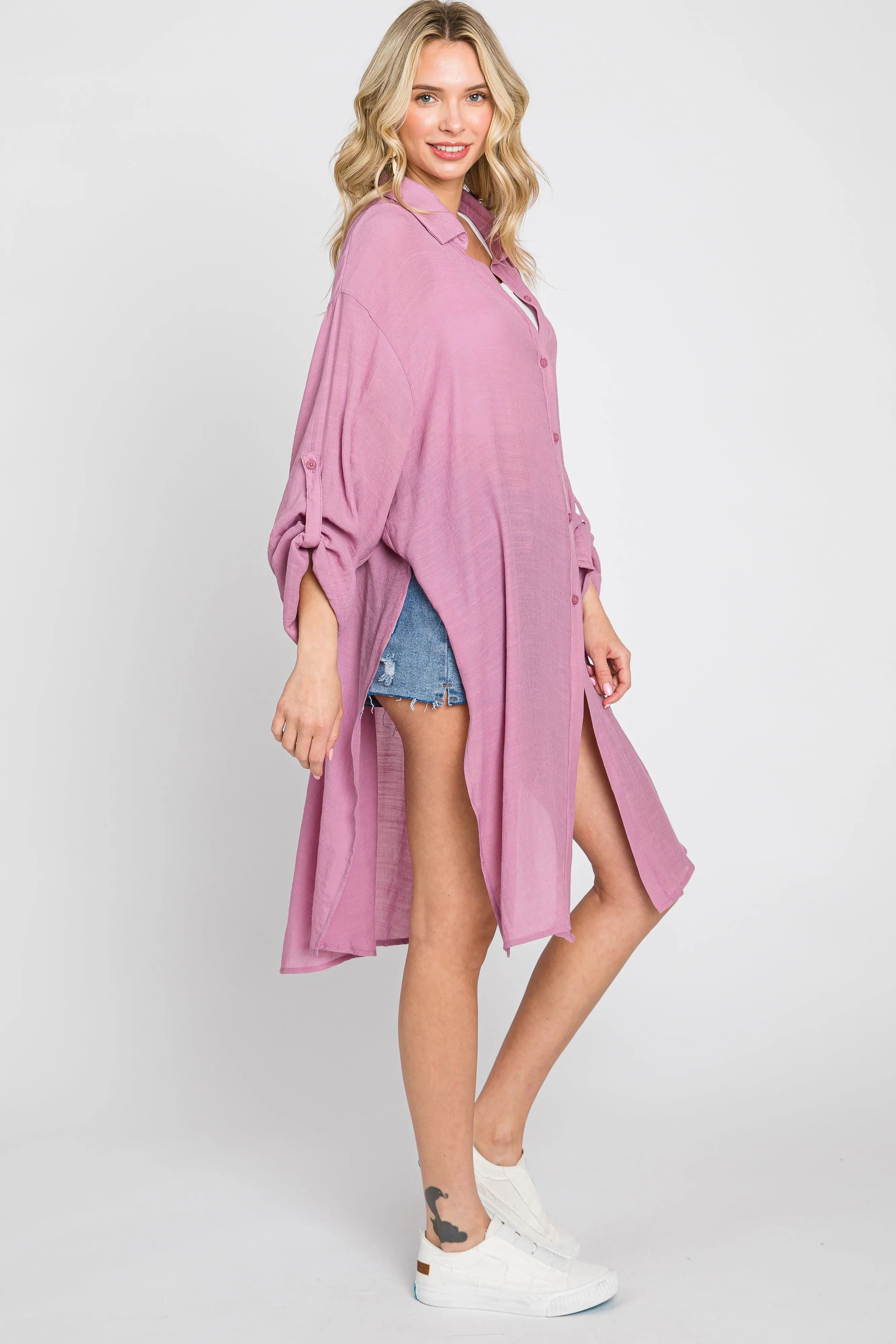 Mauve Button Front Side Slit Oversized Blouse sold by Pinkblush product image thumbnail 3