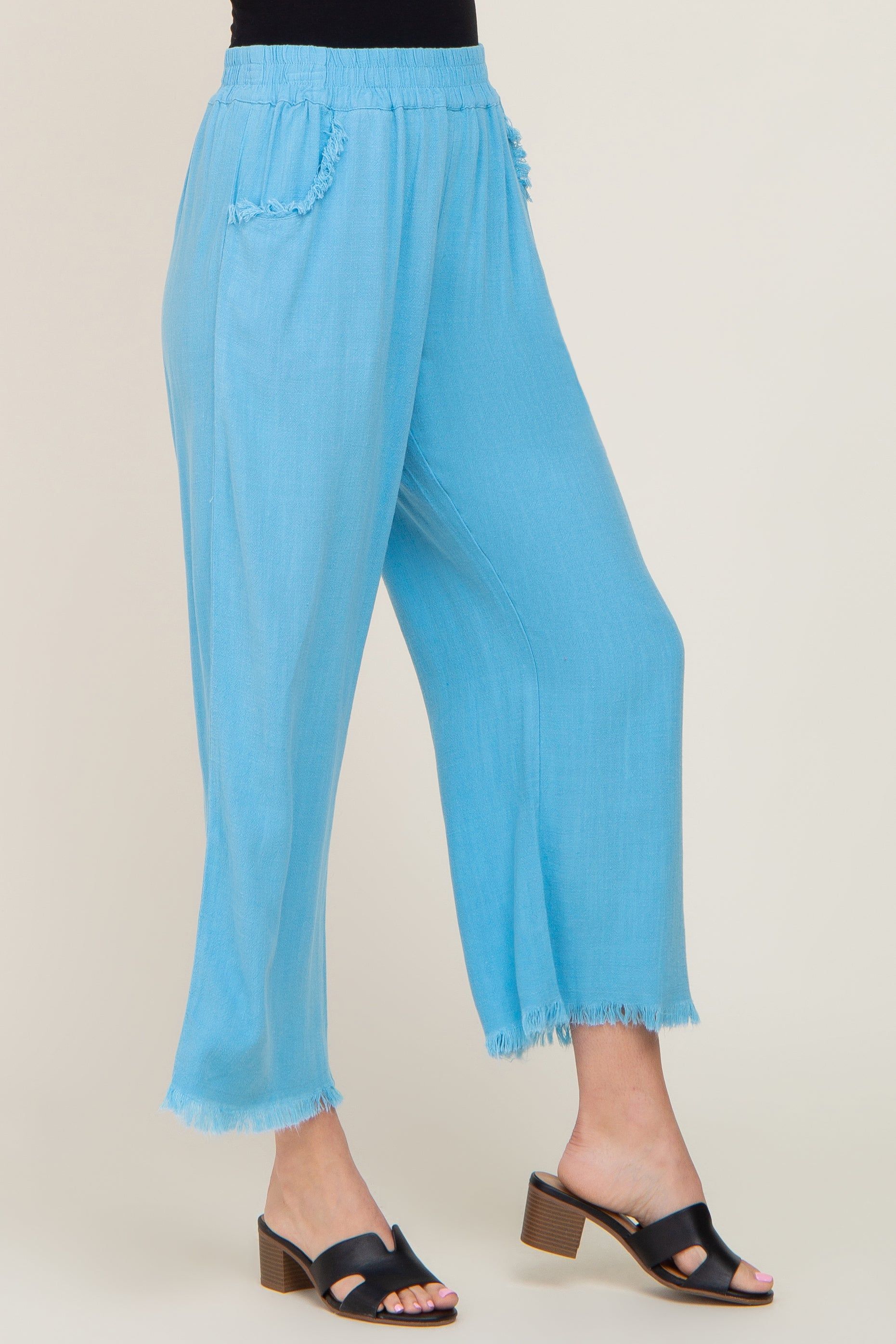 Aqua Blue Linen Frayed Hem Crop Pants sold by Pinkblush product image thumbnail 3