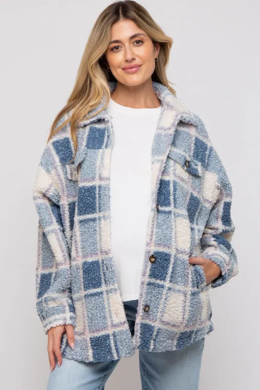 Blue Plaid Sherpa Maternity Jacket sold by Pinkblush