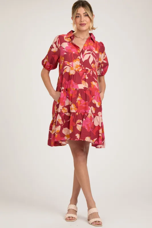 Burgundy Printed Puff Sleeve Maternity Tiered Dress sold by Pinkblush