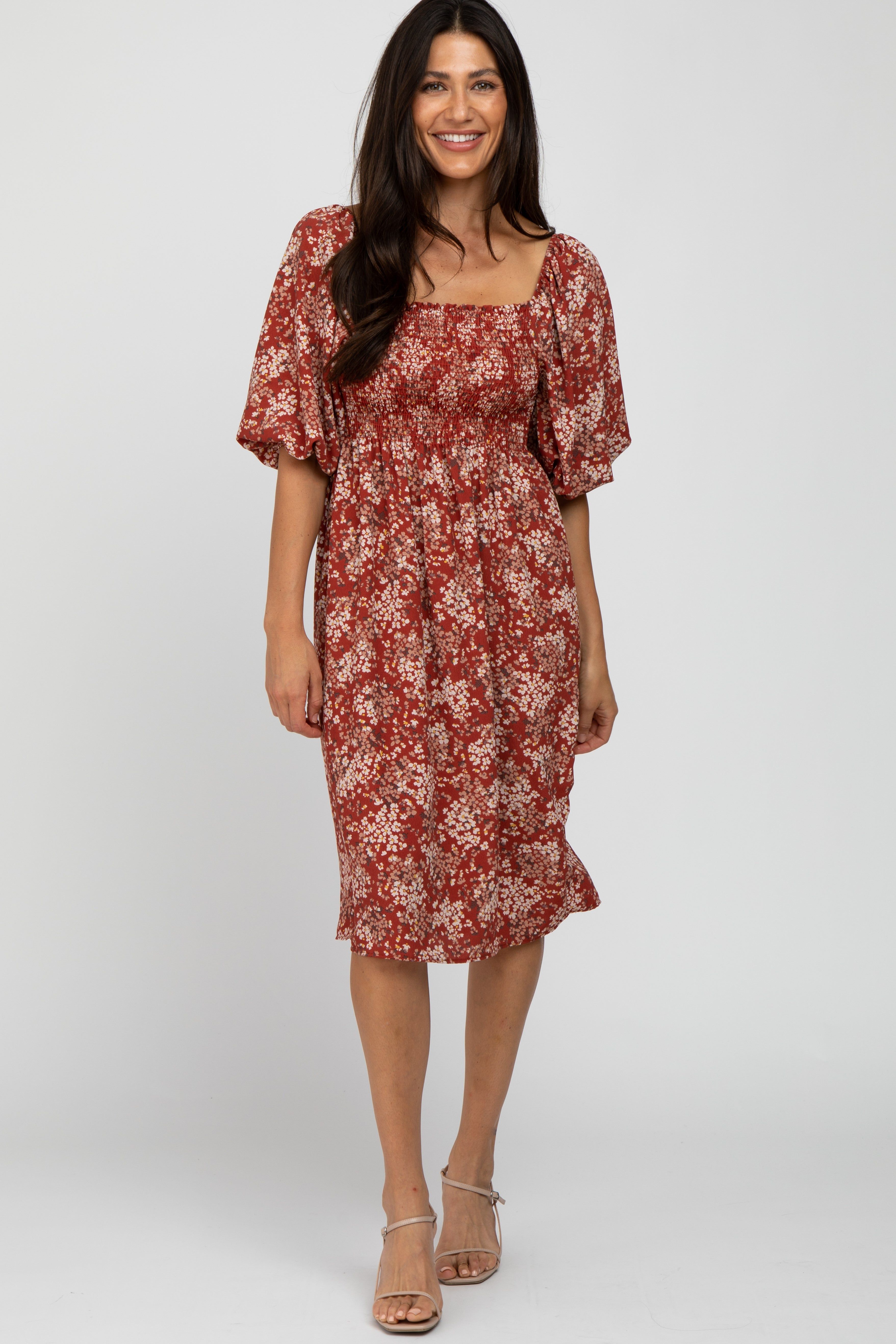 Rust Floral Square Neck Smocked Midi Dress sold by Pinkblush product image thumbnail 2