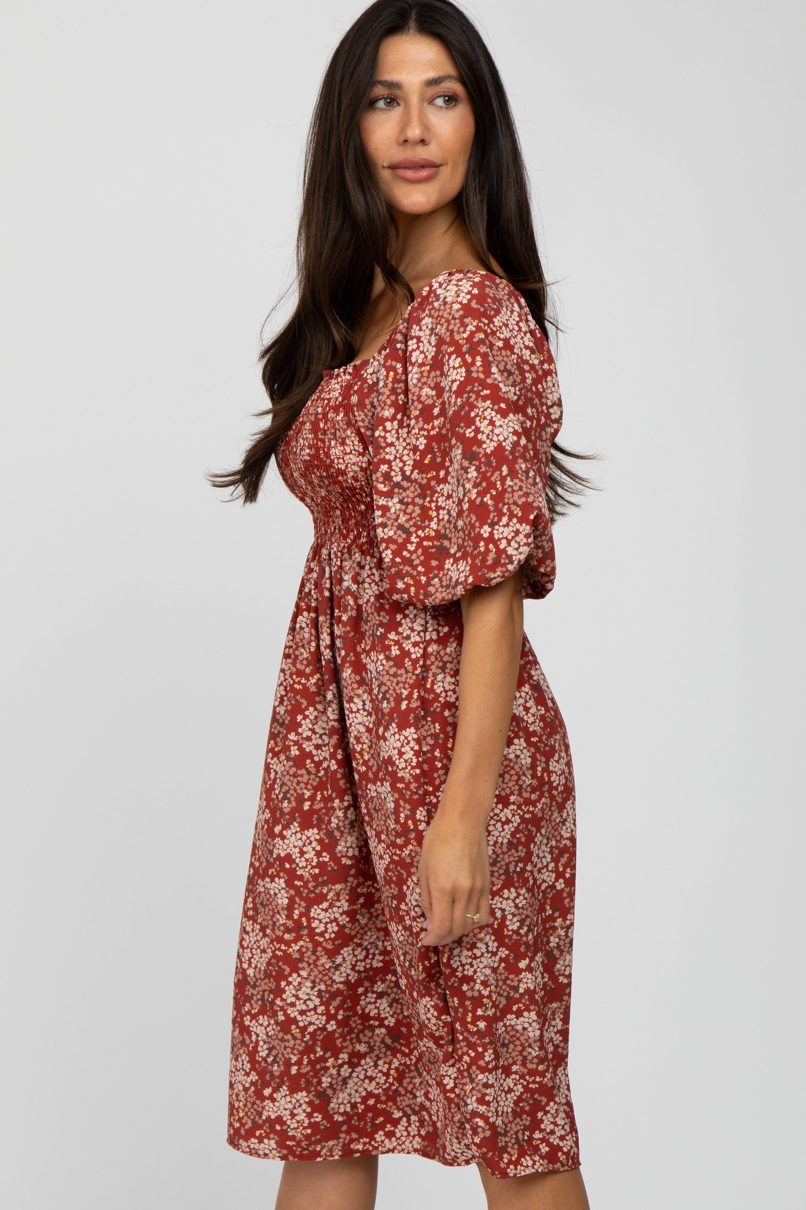 Rust Floral Square Neck Smocked Midi Dress sold by Pinkblush product image thumbnail 3