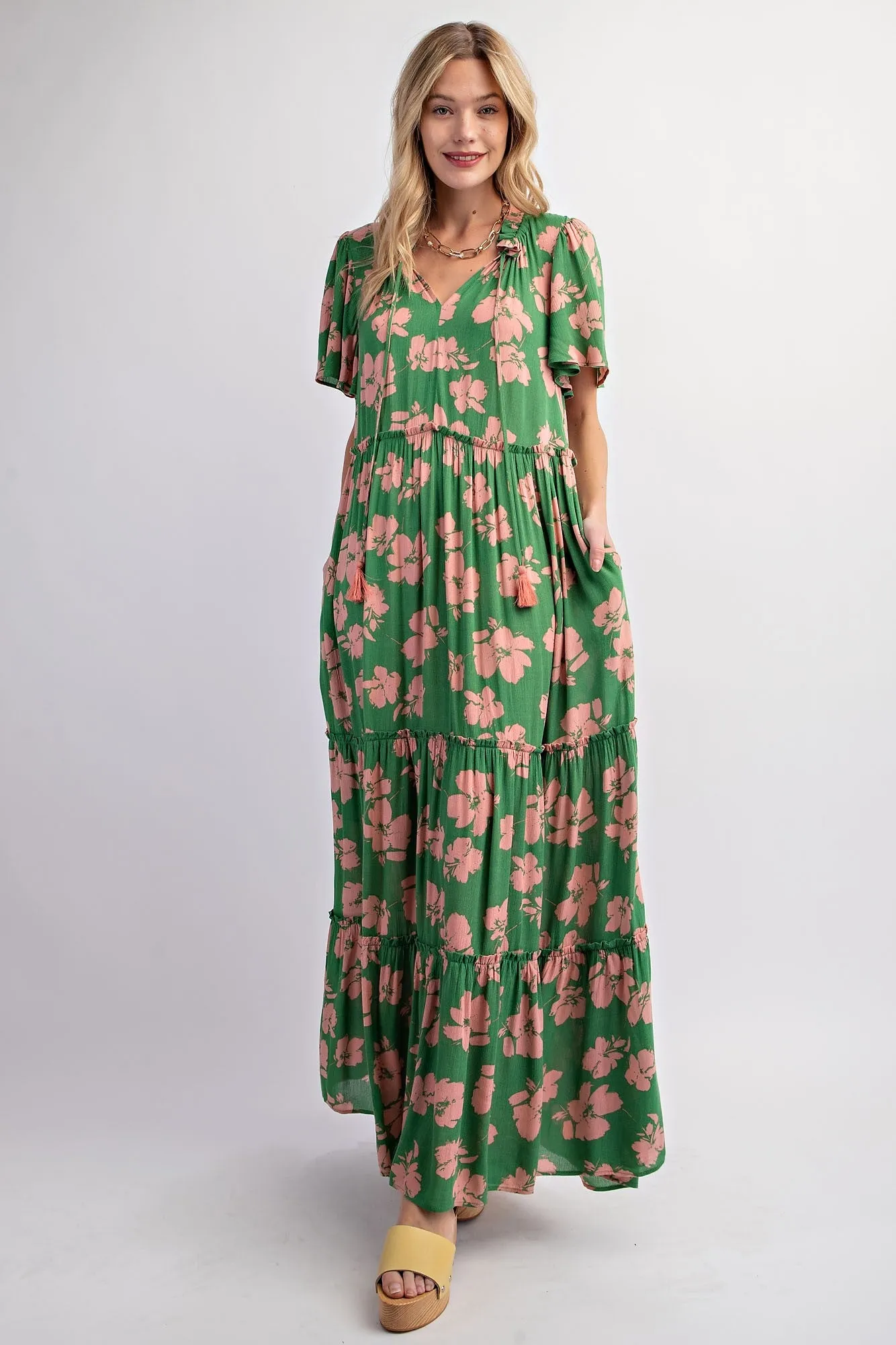 Green Floral Ruffle Neck Tiered Maxi Dress sold by Pinkblush