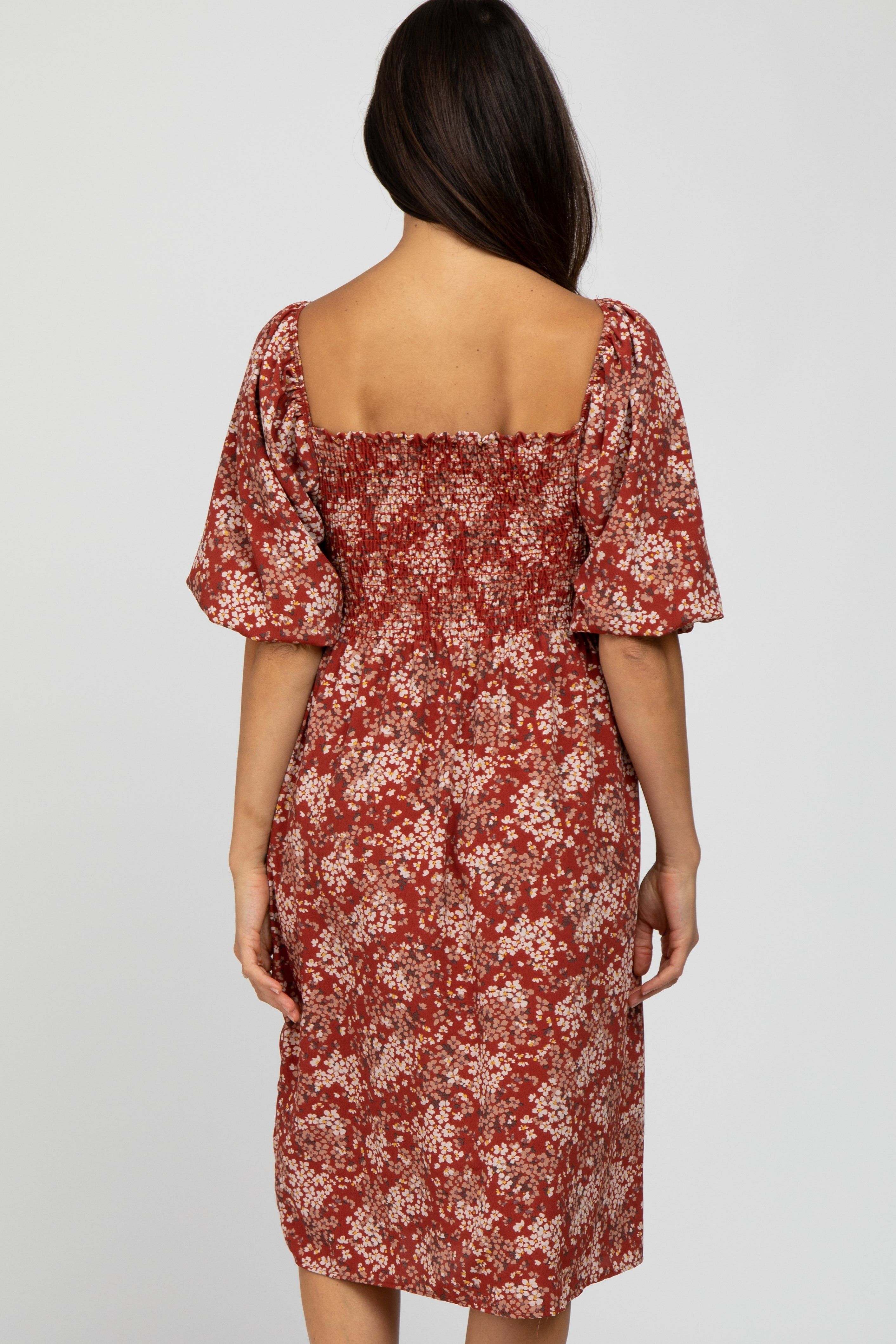 Rust Floral Square Neck Smocked Midi Dress sold by Pinkblush product image thumbnail 4