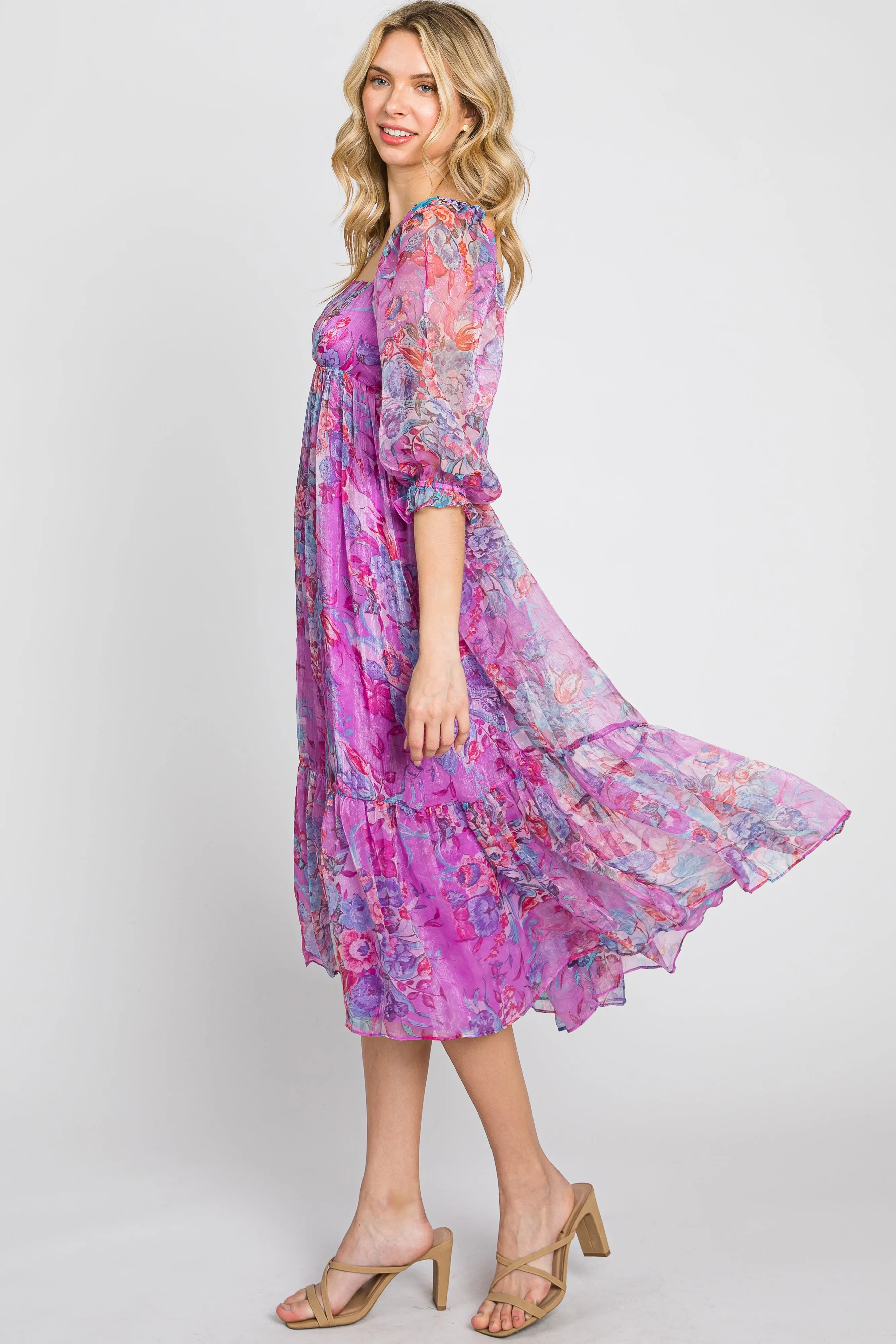 Pink Floral Shimmer Chiffon Midi Dress sold by Pinkblush product image thumbnail 2