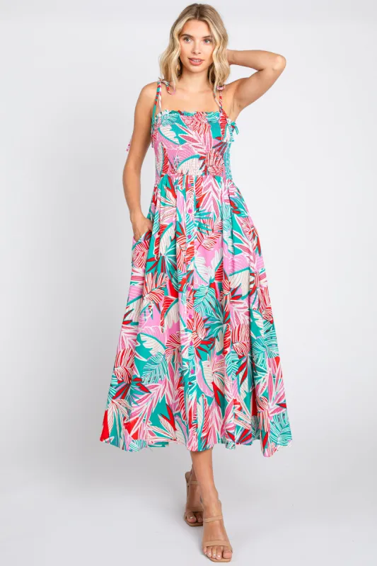 Turquoise Leaf Print Button Accent Maxi Dress sold by Pinkblush