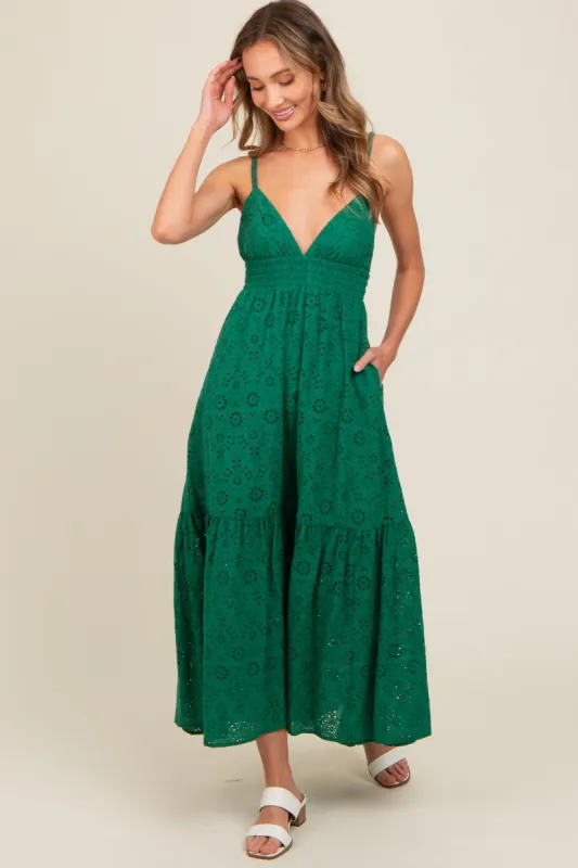 Forest Green Eyelet Lace Smocked Cutout Maxi Dress sold by Pinkblush