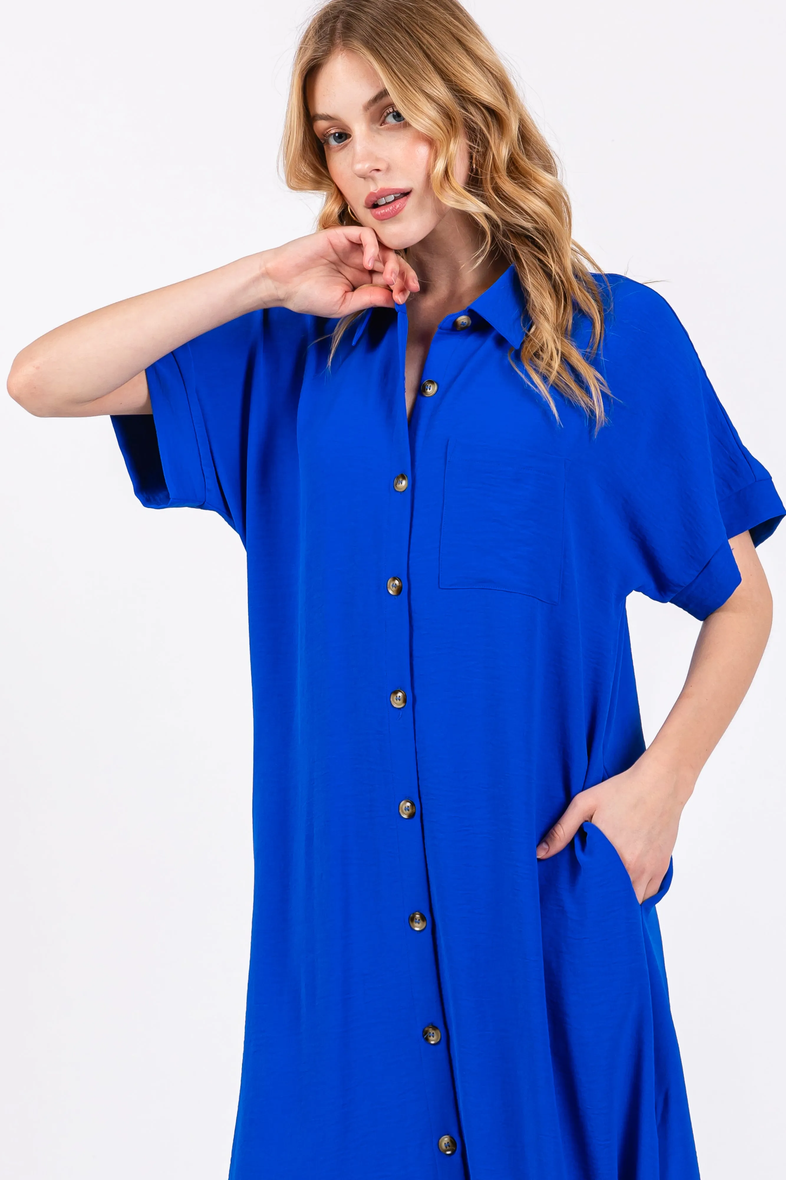 Royal Blue Button Down Front Pocket Midi Dress sold by Pinkblush product image thumbnail 4