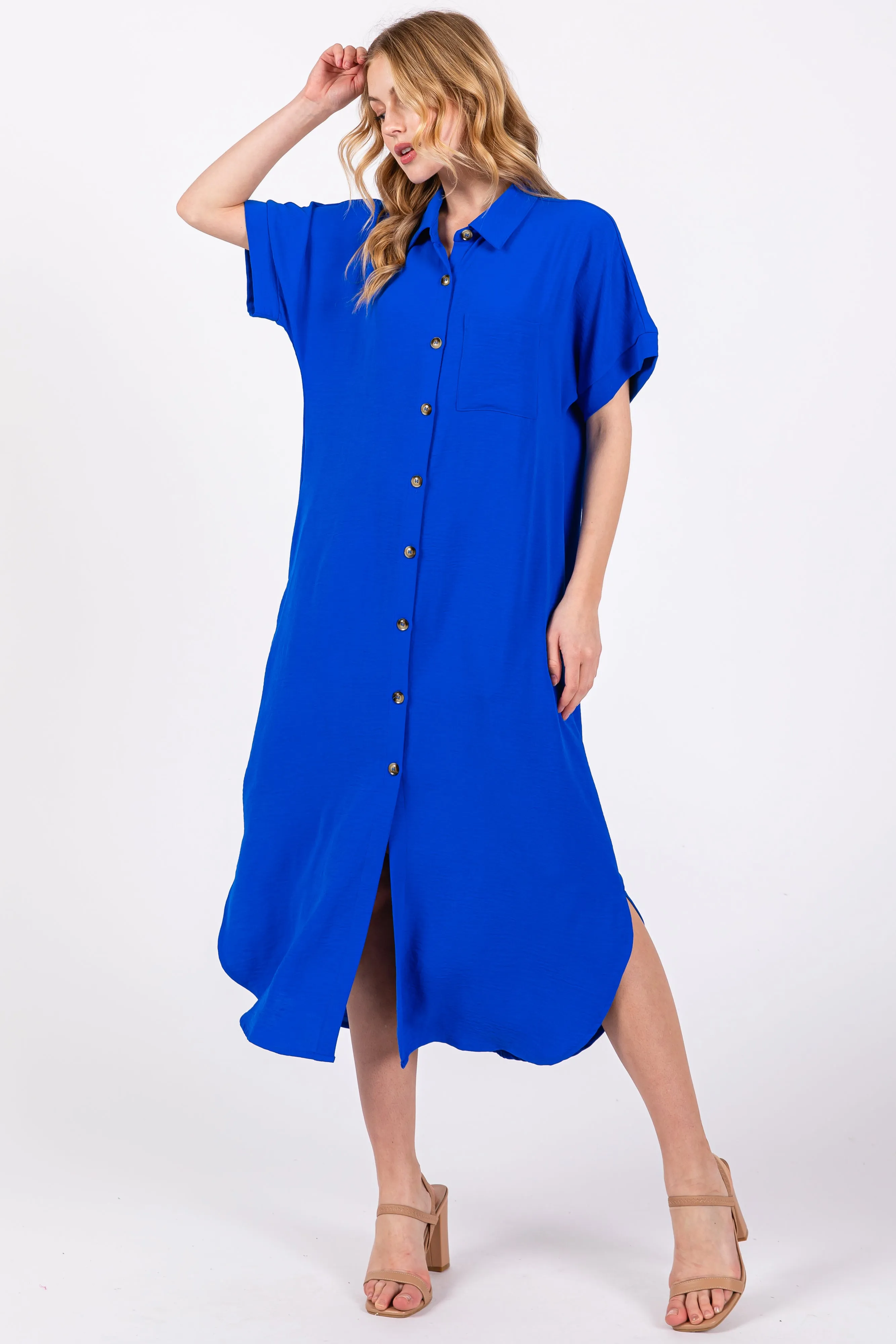 Royal Blue Button Down Front Pocket Midi Dress sold by Pinkblush